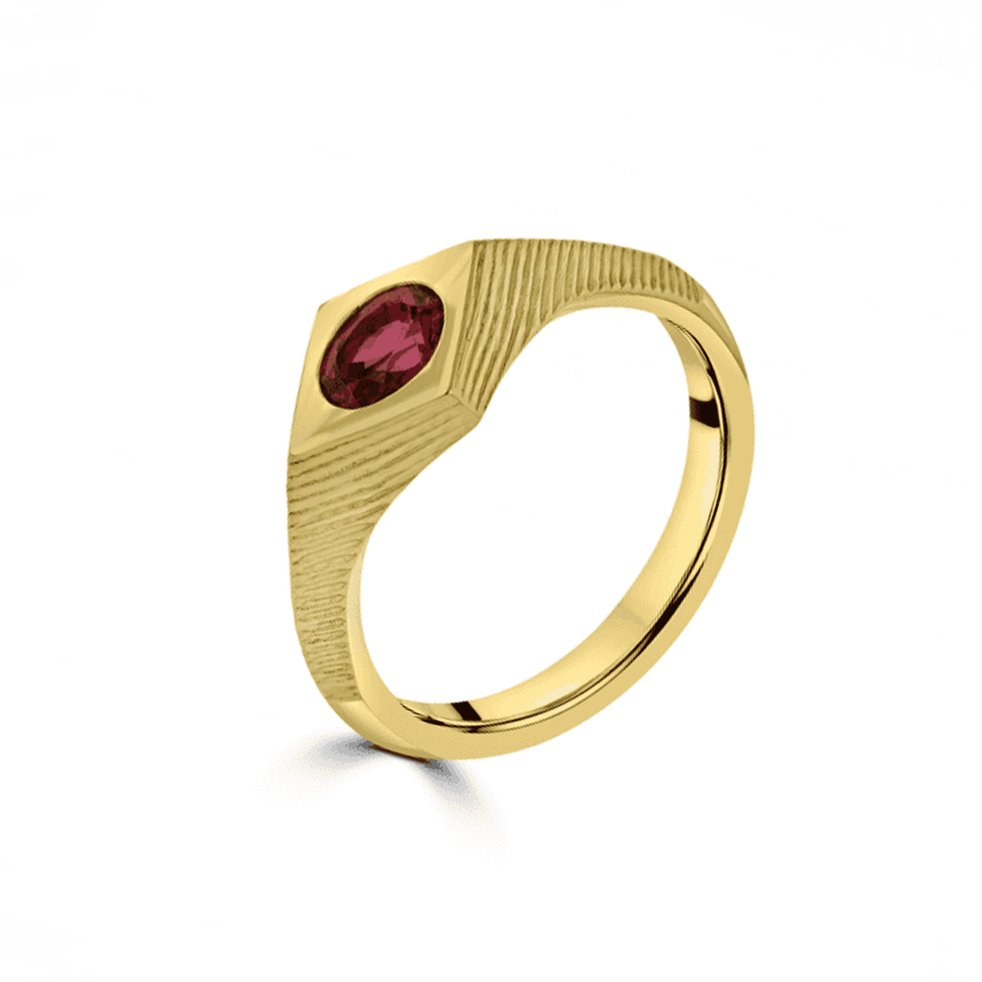 18ct Yellow Gold, Ridge Detail, Flush Set Pink Oval Spinel Dress Ring