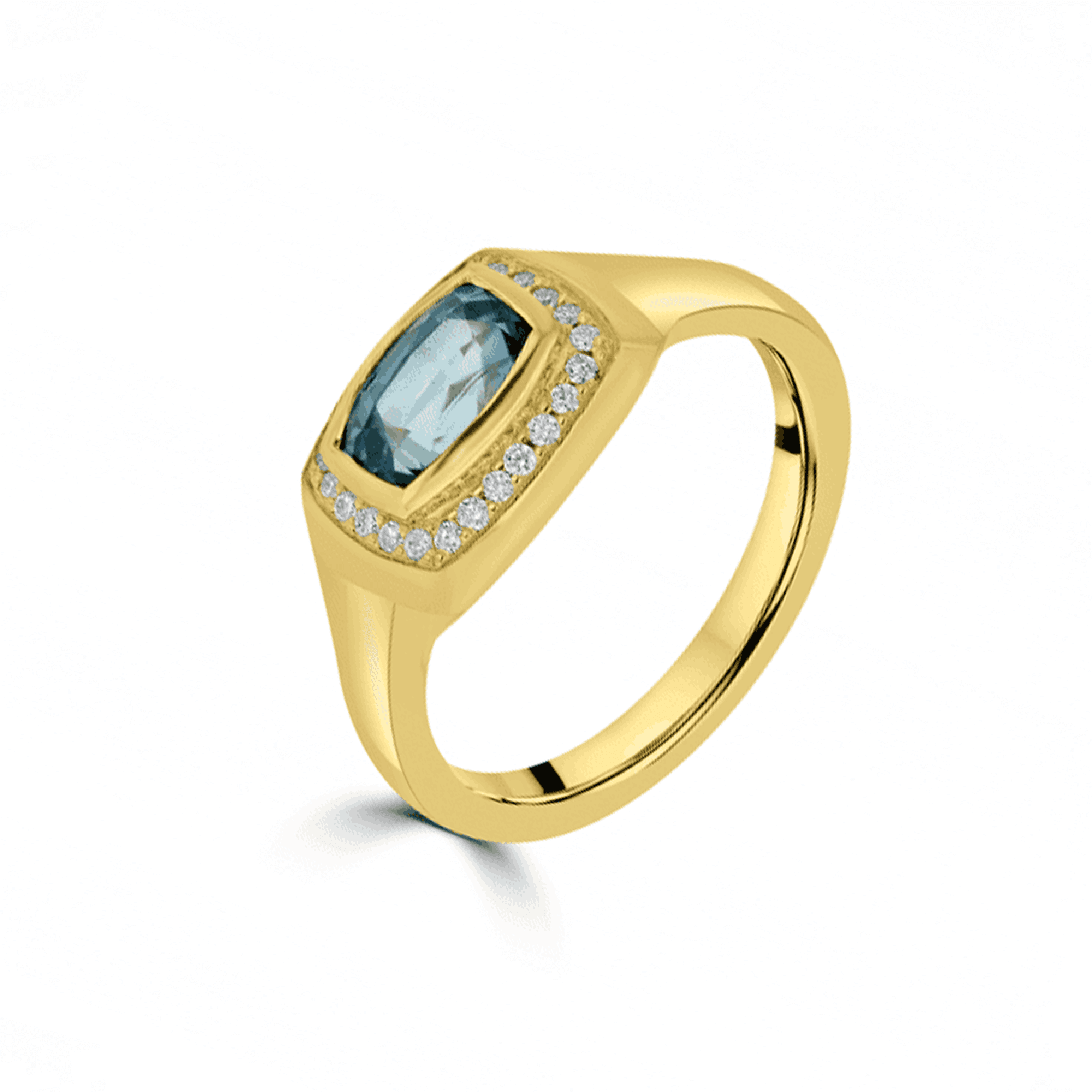 18ct Yellow Gold Signet-Style Sapphire Dress Ring with Diamond Halo
