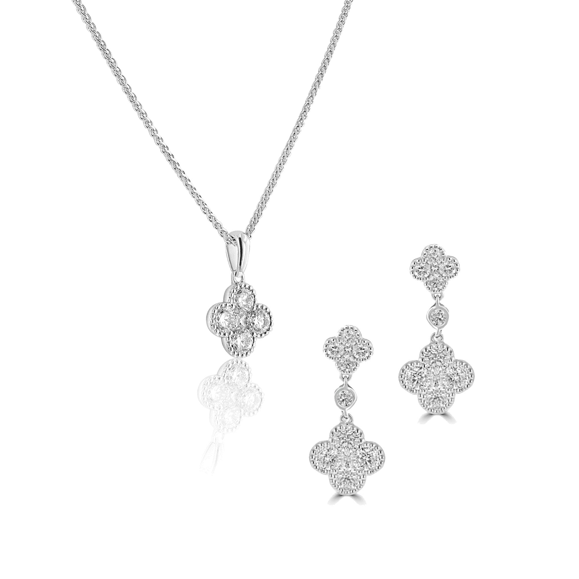 18ct White Gold Round Diamond 'Clover' Necklace and Earrings Gift Set