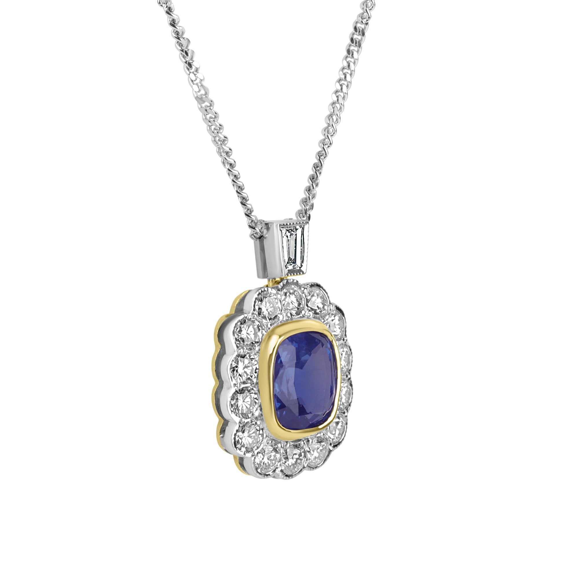 18ct Mixed Gold 1.5ct Cushion Cut Cornflower Blue Sapphire and Halo Preowned Necklace