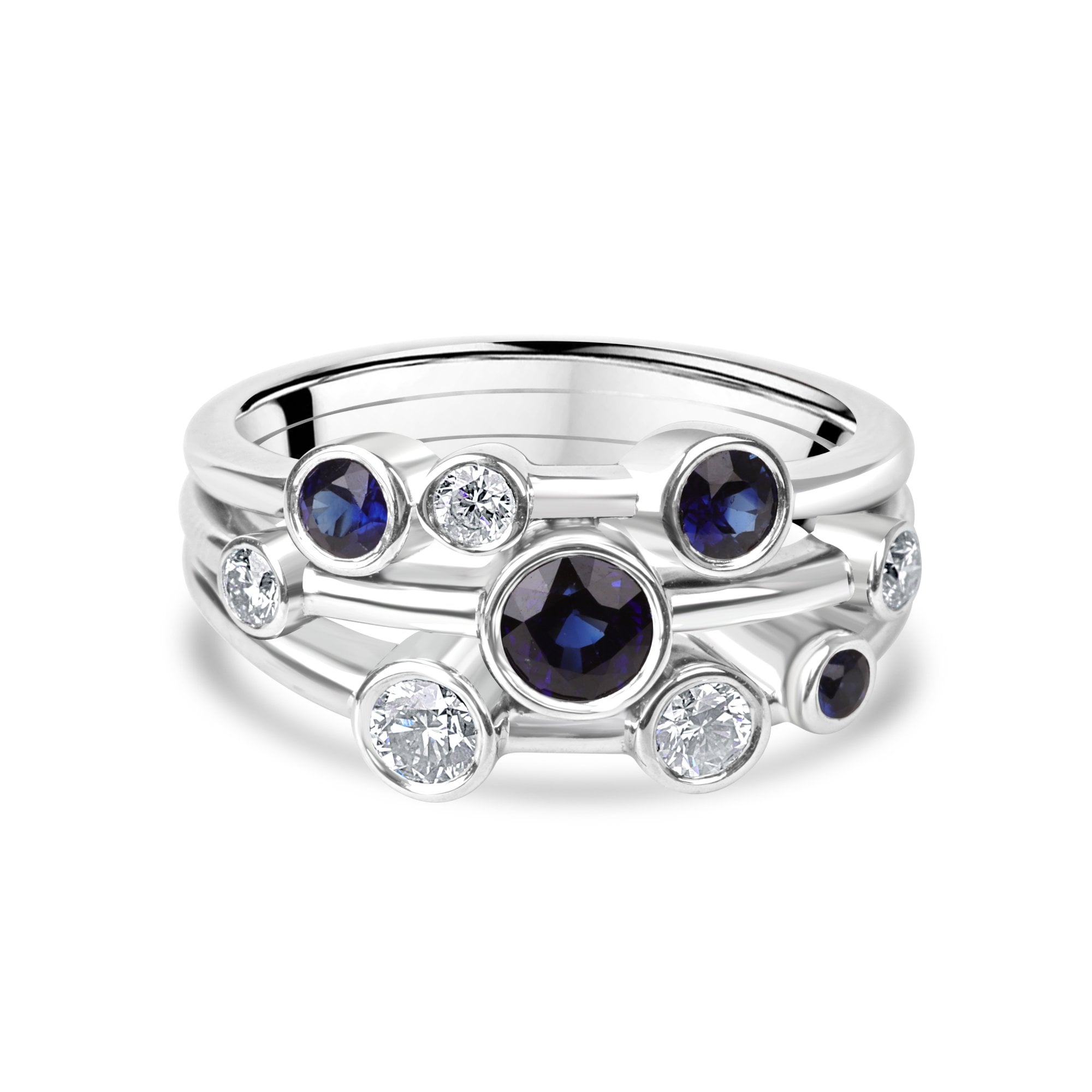 18ct White Gold 0.88ct Round Sapphire and 0.39ct Round Diamond Bubble Style Ring