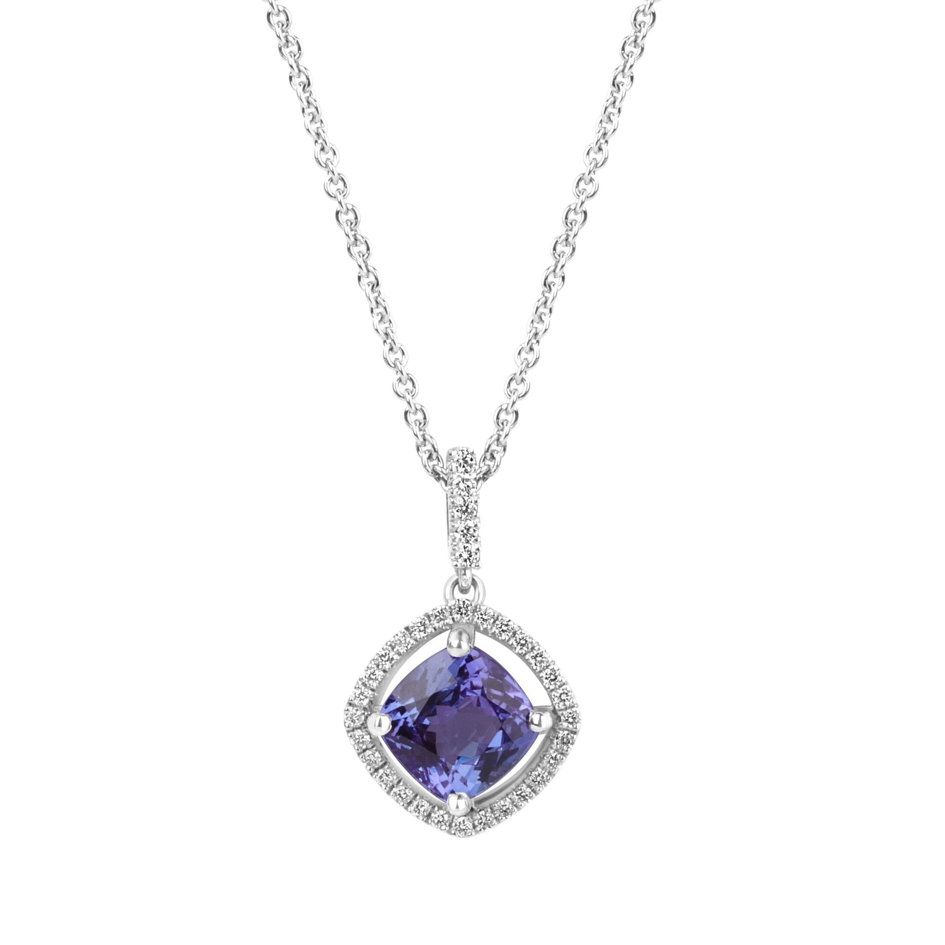 Platinum 2.79ct Cushion Cut Tanzanite and Diamond Halo Necklace