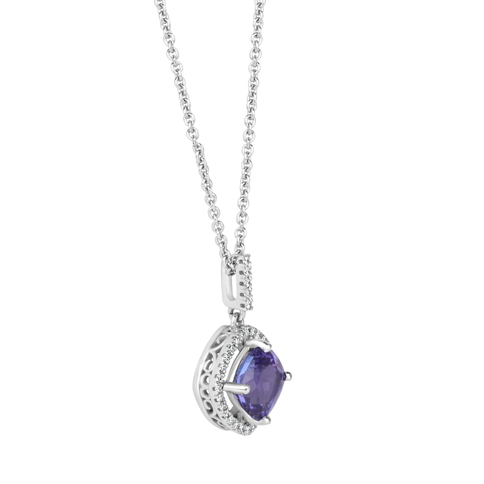 Platinum 2.79ct Cushion Cut Tanzanite and Diamond Halo Necklace