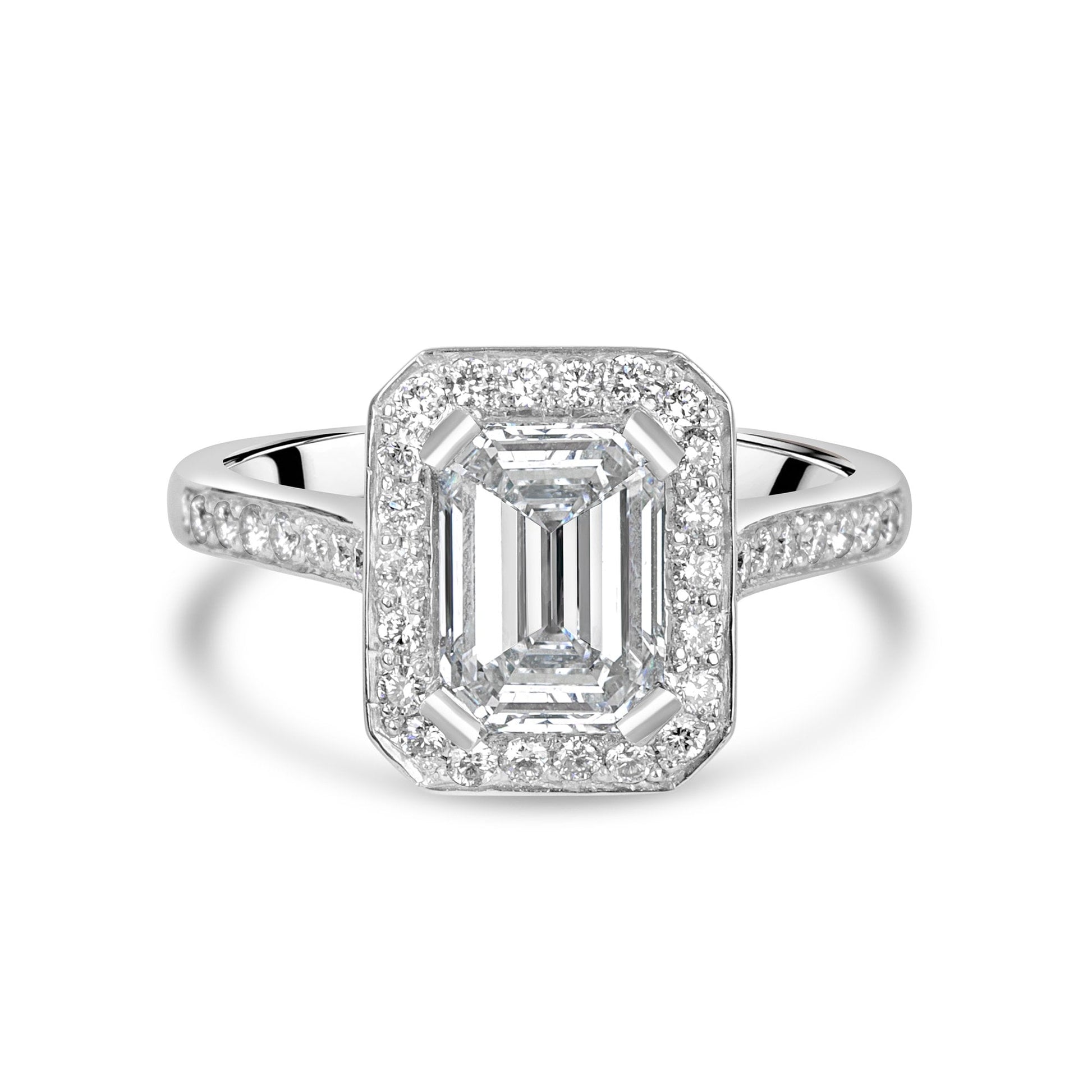 Platinum Art Deco Halo Engagement with 2.01ct Emerald Cut Diamond Pre-Owned Ring