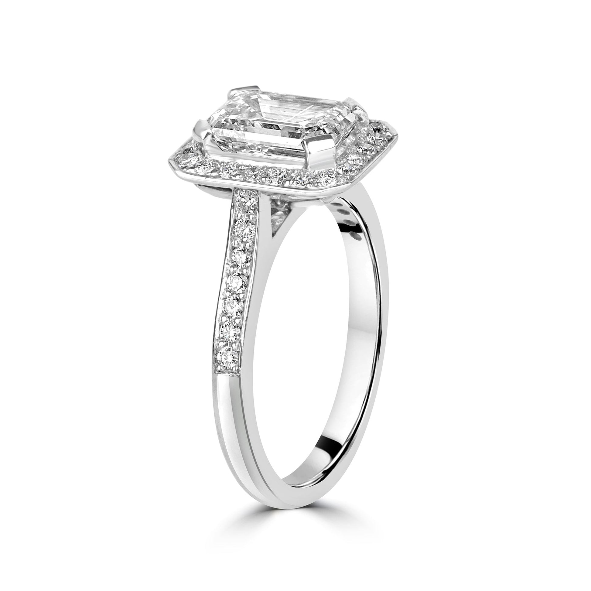 Platinum Art Deco Halo Engagement with 2.01ct Emerald Cut Diamond Pre-Owned Ring