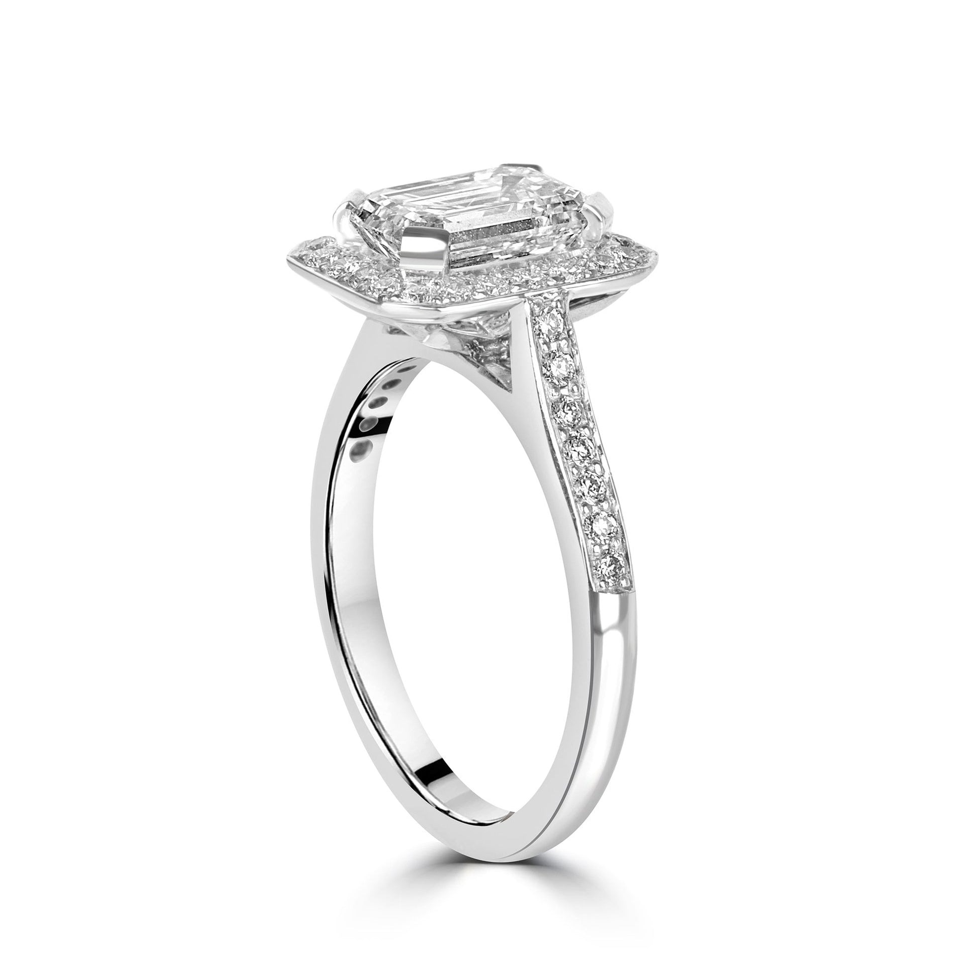 Platinum Art Deco Halo Engagement with 2.01ct Emerald Cut Diamond Pre-Owned Ring