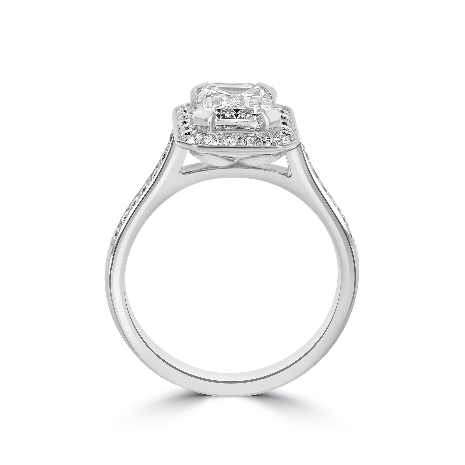Platinum Art Deco Halo Engagement with 2.01ct Emerald Cut Diamond Pre-Owned Ring