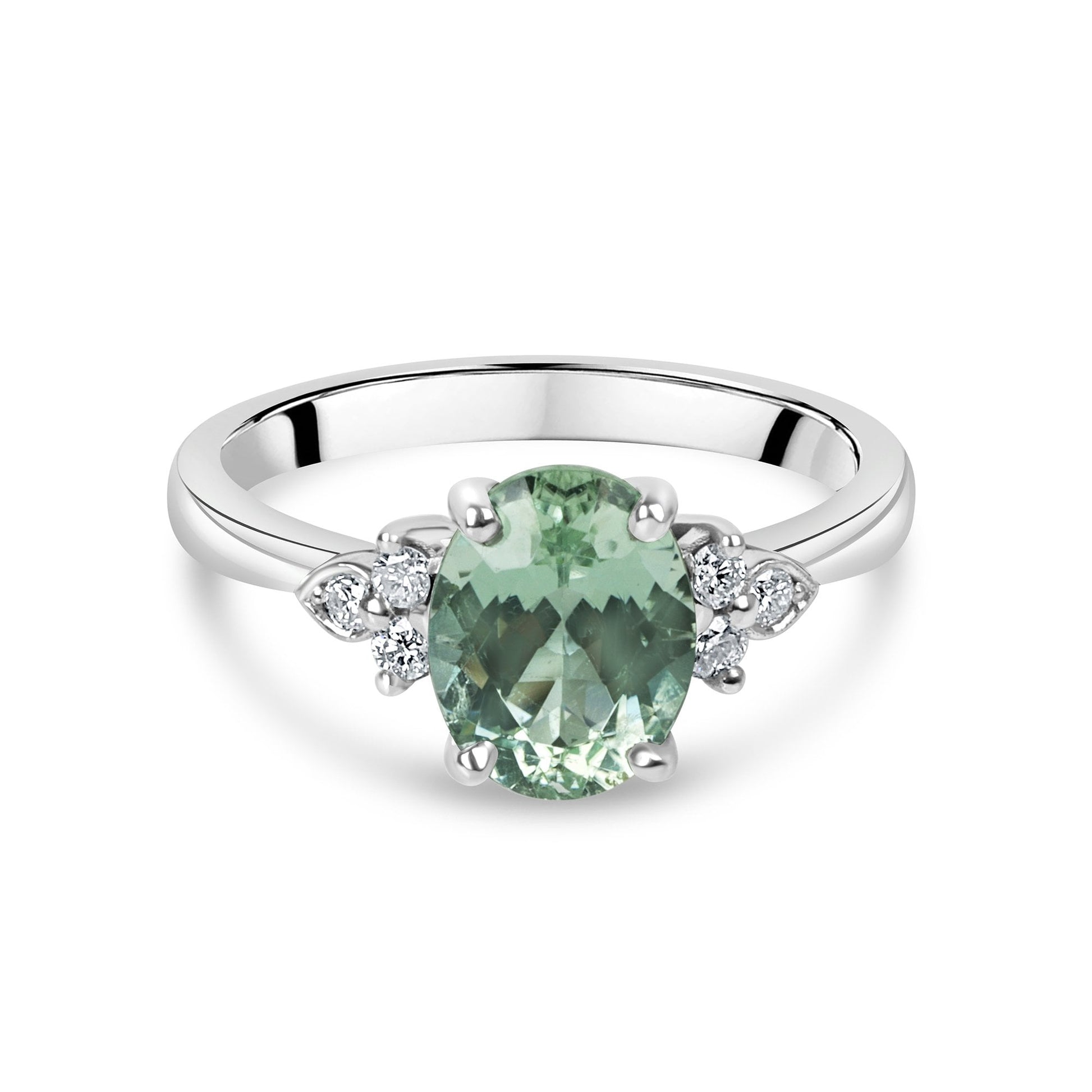 Platinum Dress Ring featuring a Pale Green Tourmaline & Trefoil Diamonds