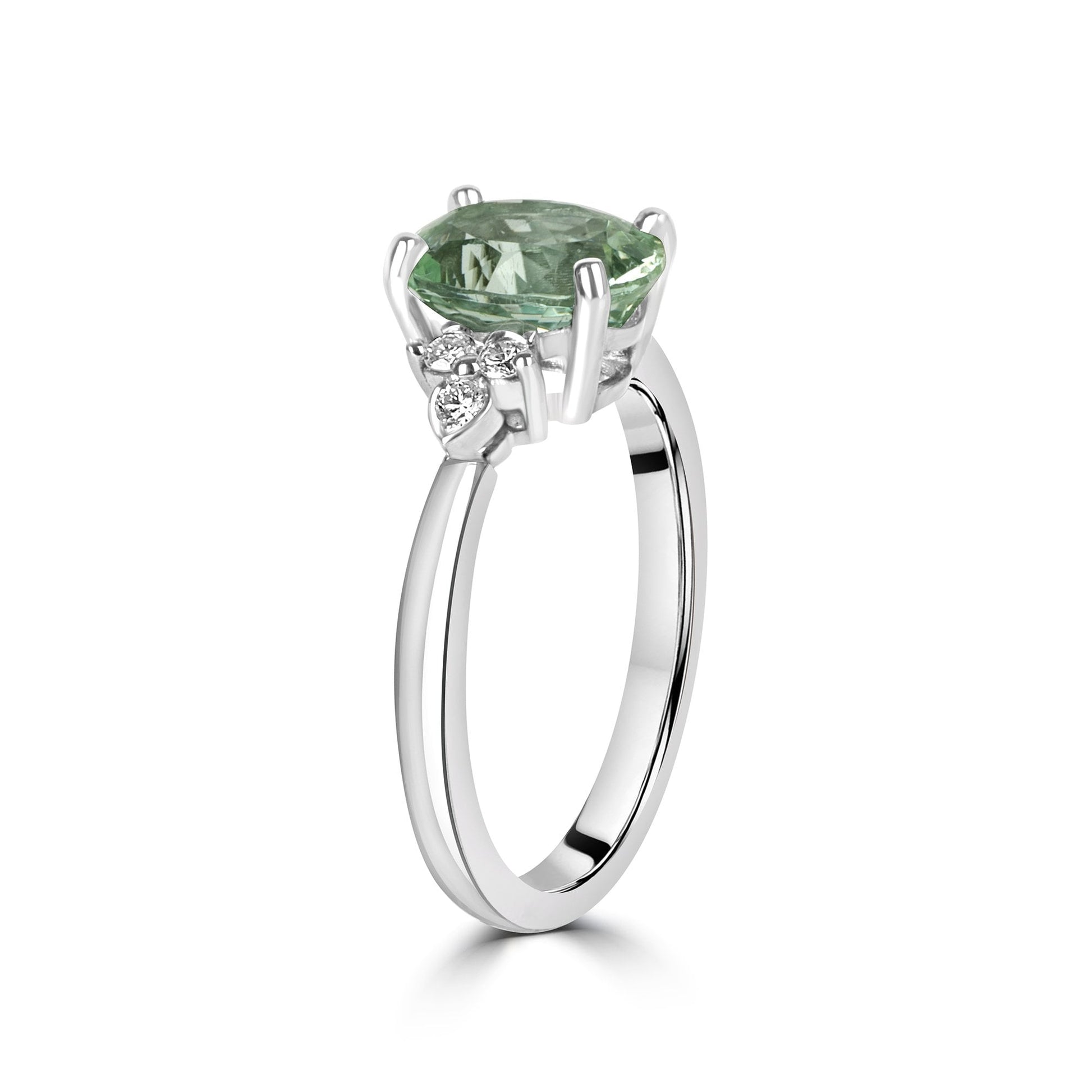 Platinum Dress Ring featuring a Pale Green Tourmaline & Trefoil Diamonds