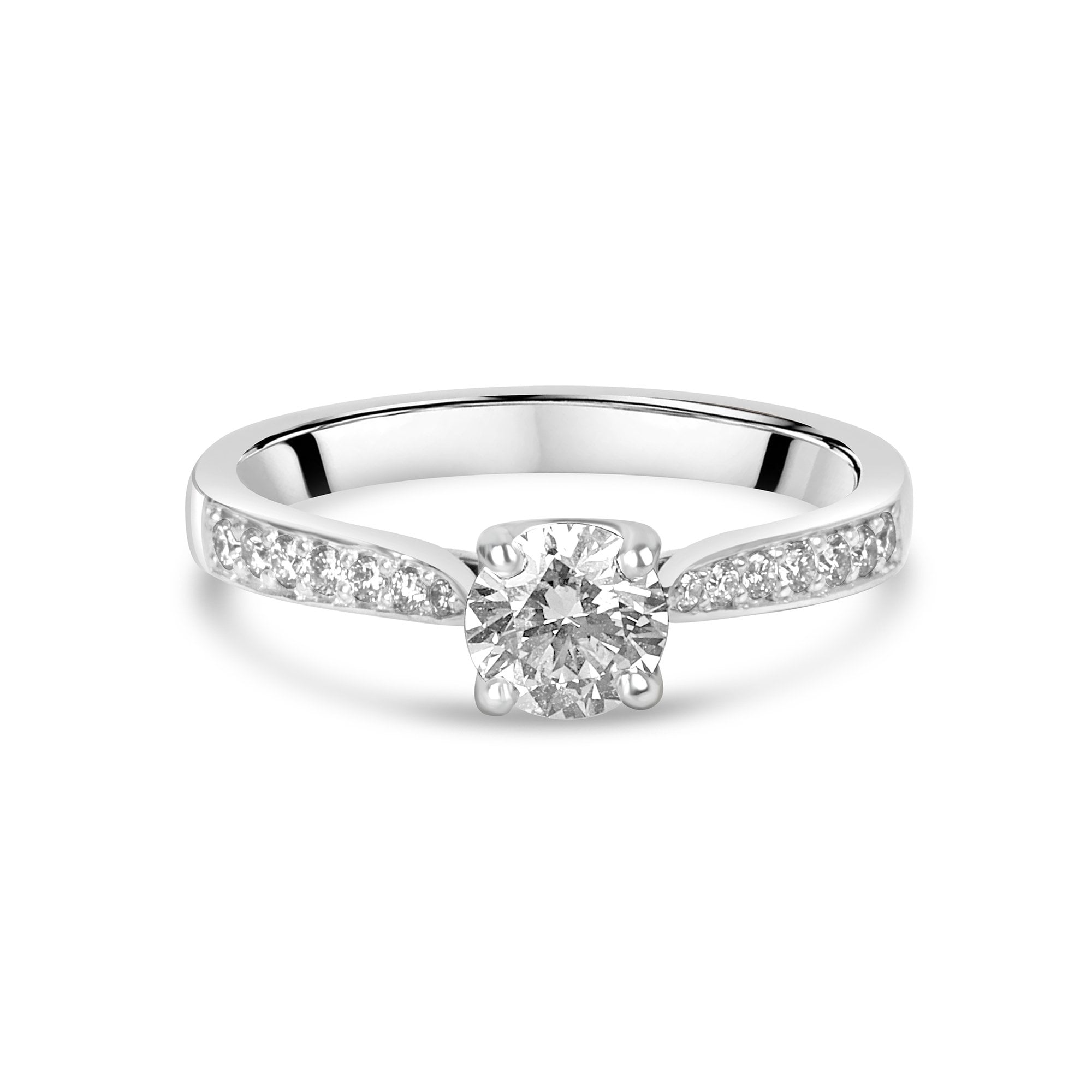Platinum Hearts and Arrows Four Claw Diamond ring with Diamond Set Shoulders