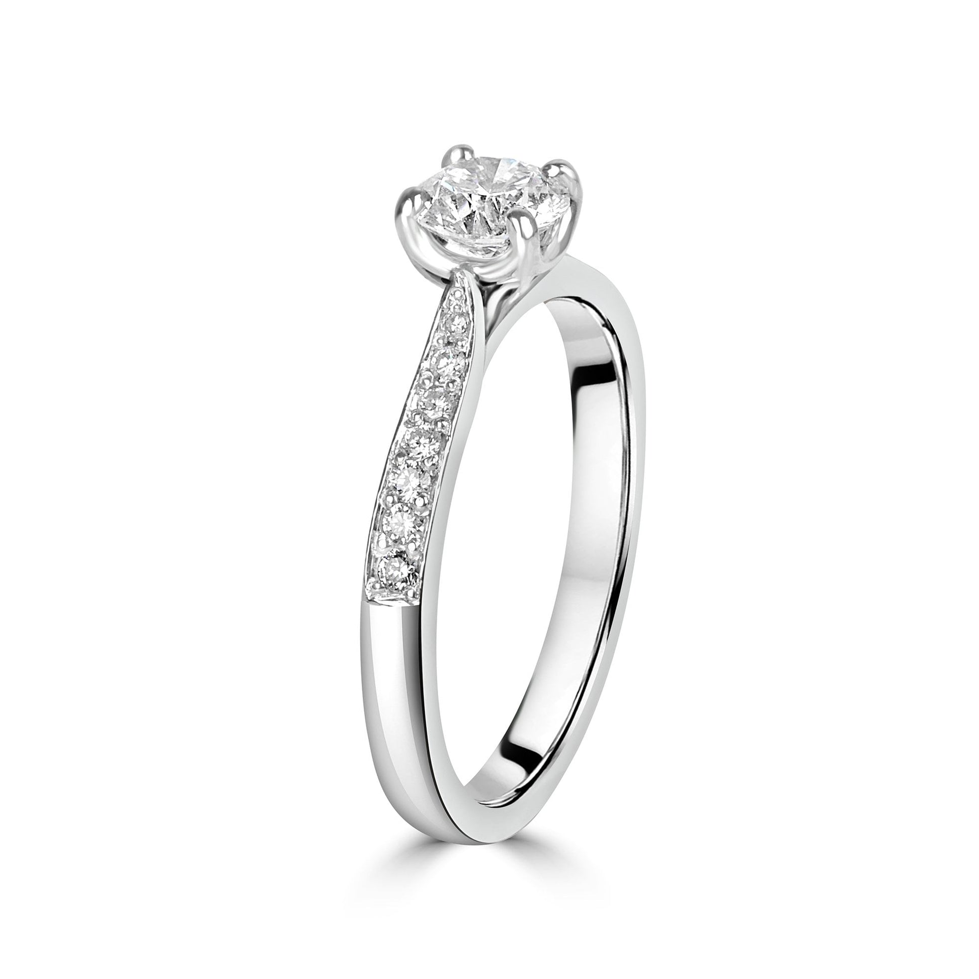 Platinum Hearts and Arrows Four Claw Diamond ring with Diamond Set Shoulders