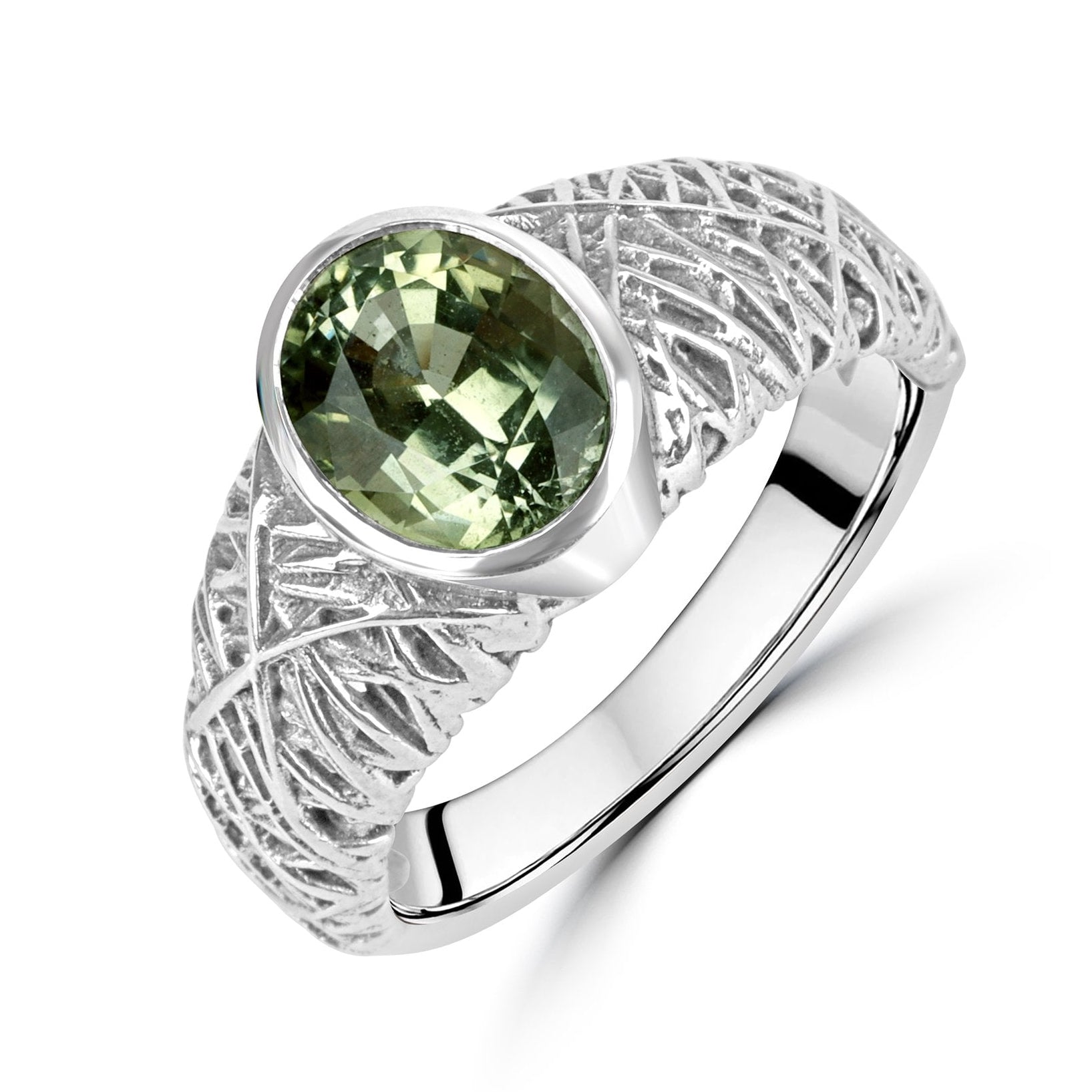9ct White Gold 1.86ct Oval Green Tourmaline Unique Ring