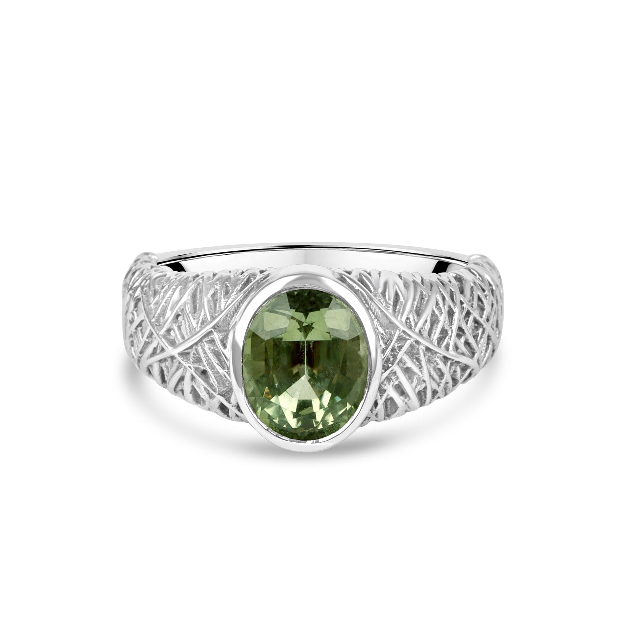 9ct White Gold 1.86ct Oval Green Tourmaline Unique Ring