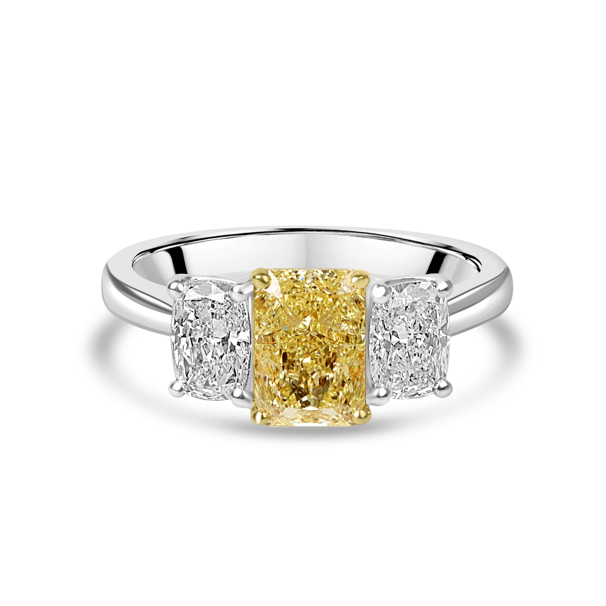1.38ct Fancy Yellow Radiant Cut Diamond Three Stone Ring With Outer White Diamonds