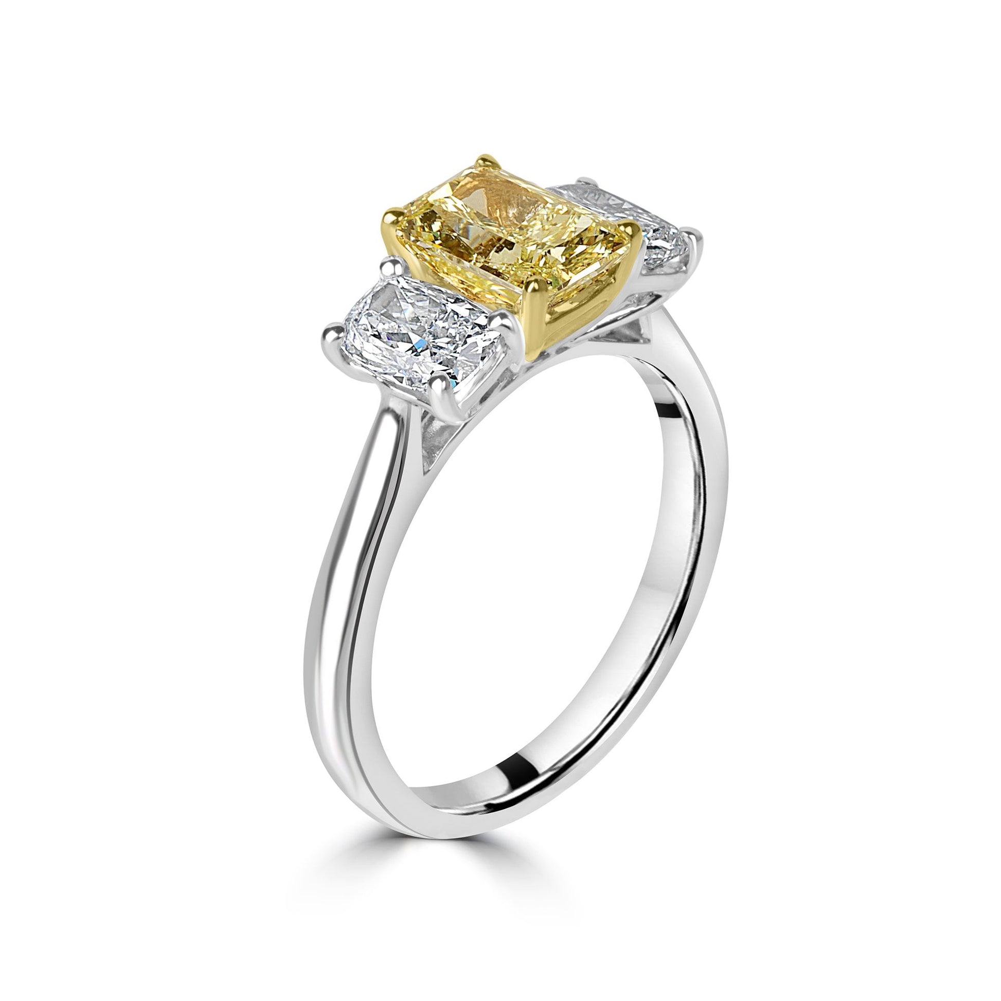 1.38ct Fancy Yellow Radiant Cut Diamond Three Stone Ring With Outer White Diamonds