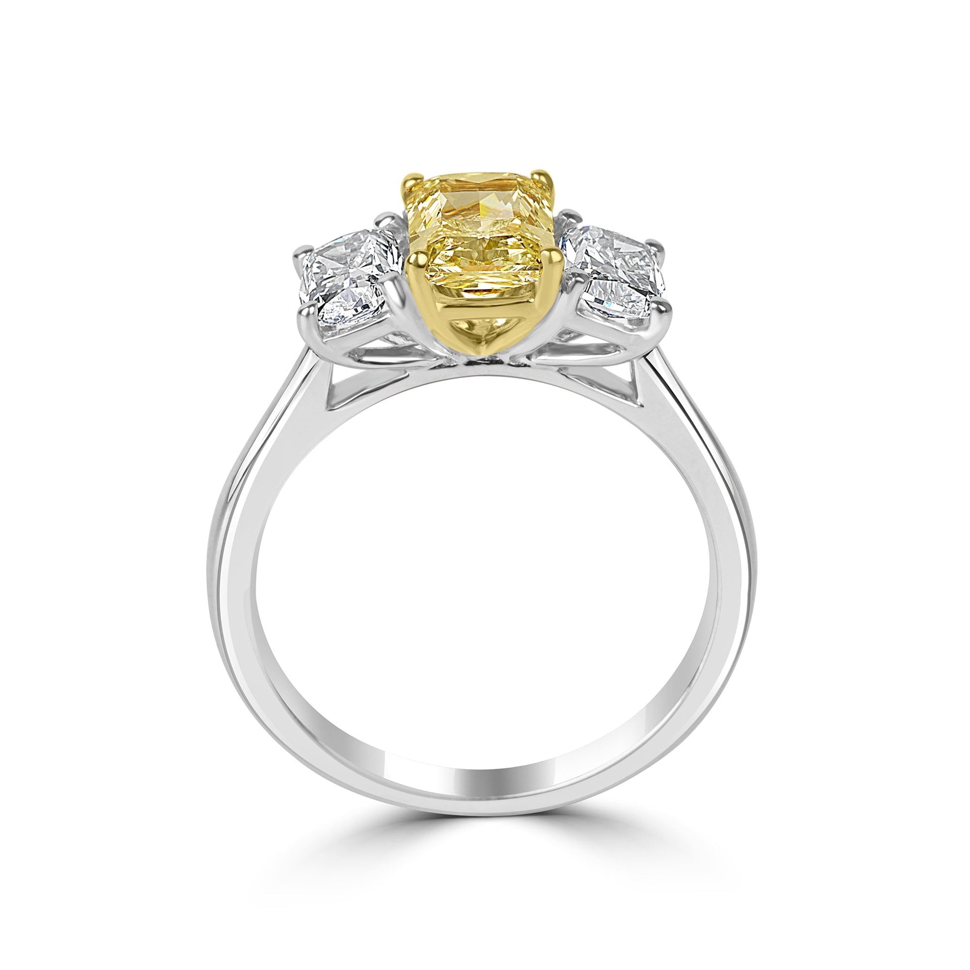 1.38ct Fancy Yellow Radiant Cut Diamond Three Stone Ring With Outer White Diamonds