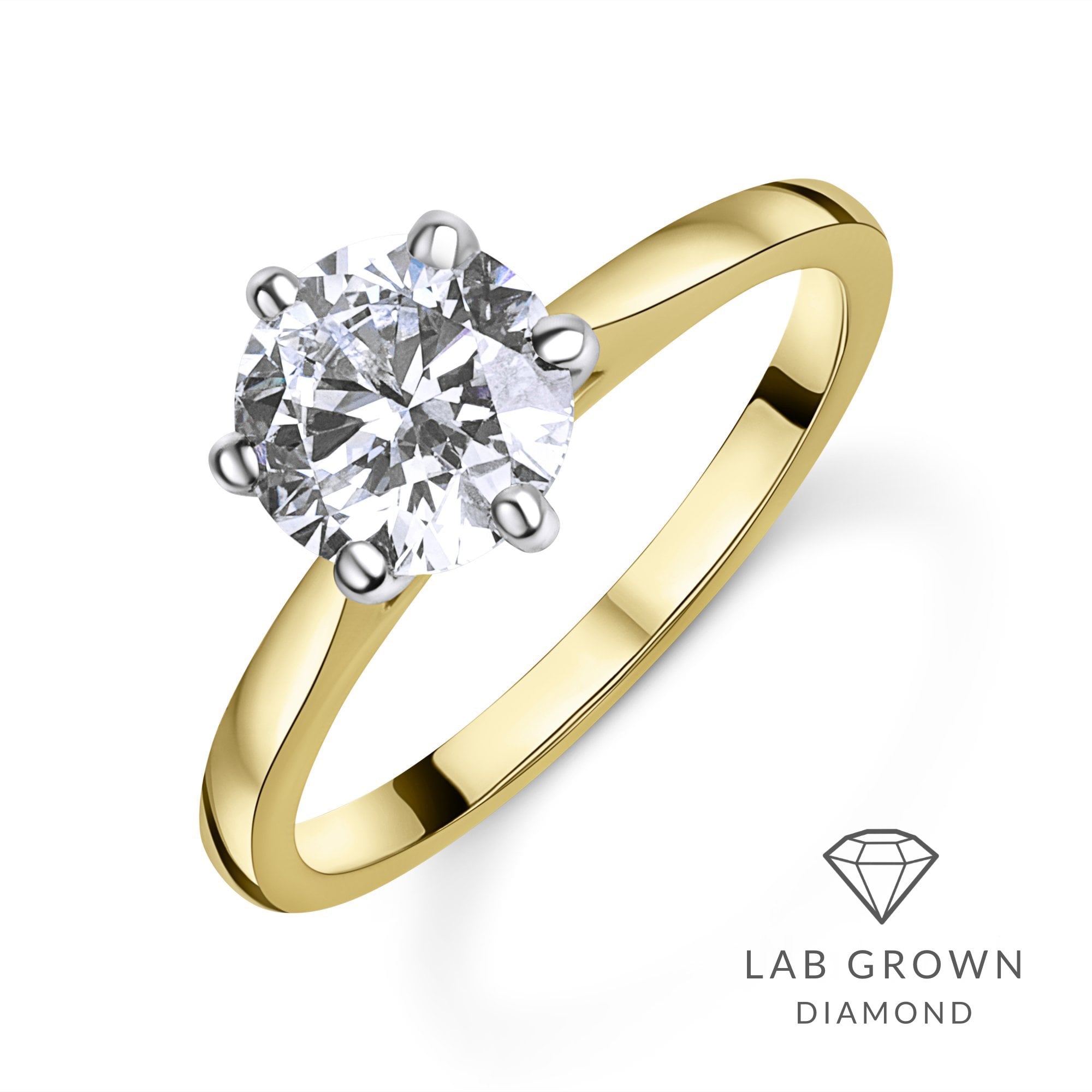 18ct Yellow Gold Round Brilliant Cut Lab Grown Diamond Six Claw Solitaire Engagement Ring