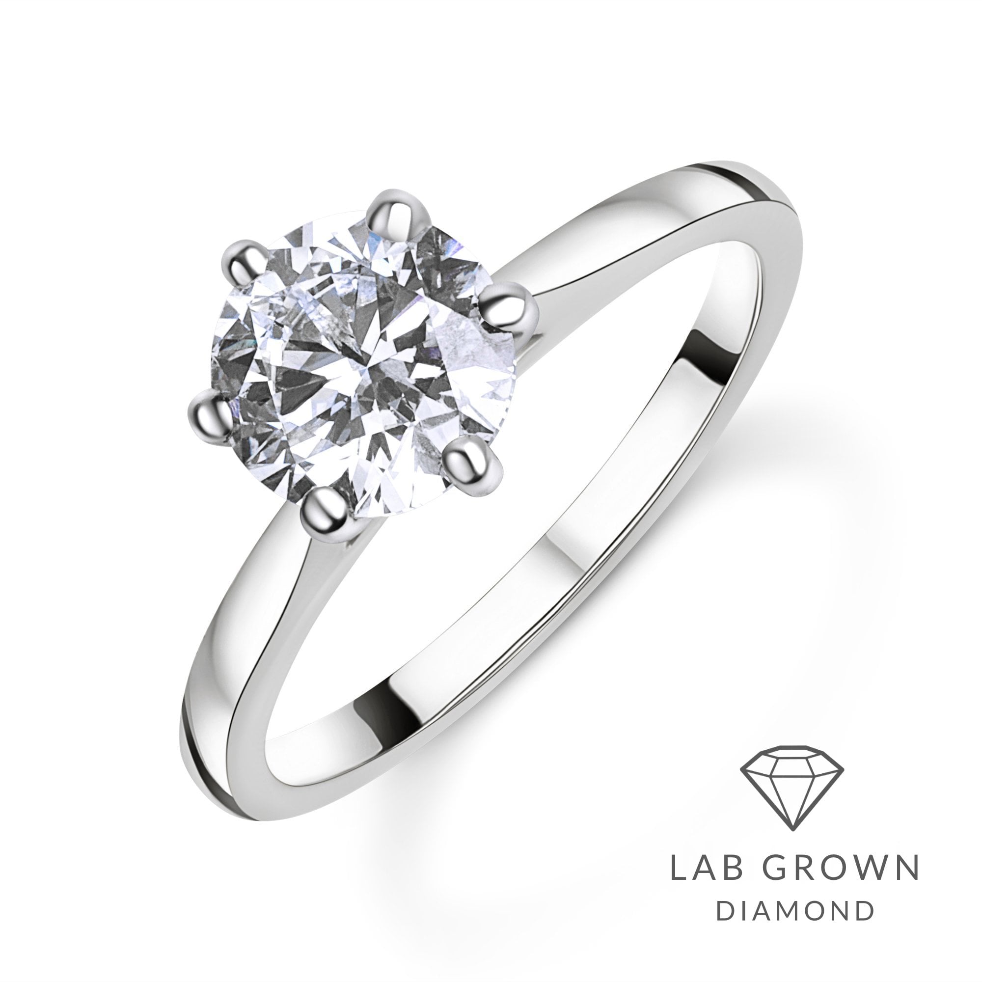 Platinum Round Brilliant Cut Lab Grown Diamond Six Claw Solitaire Engagement Ring