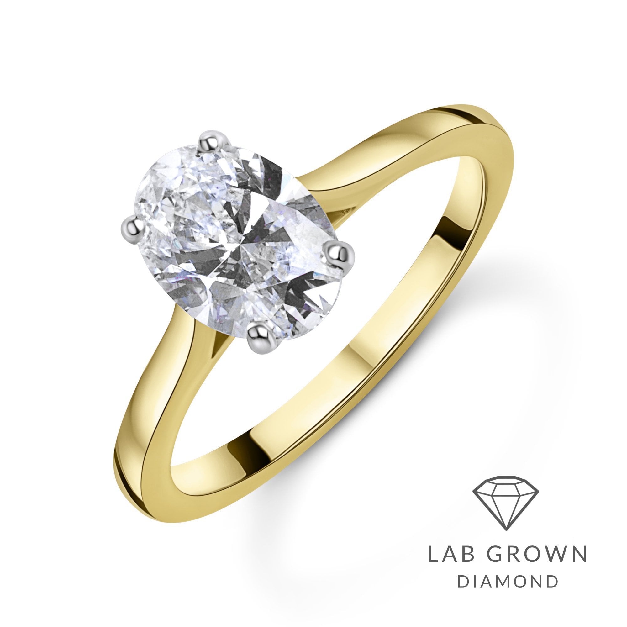 18ct Yellow Gold Oval Lab Grown Diamond Four Claw Solitaire Engagement Ring