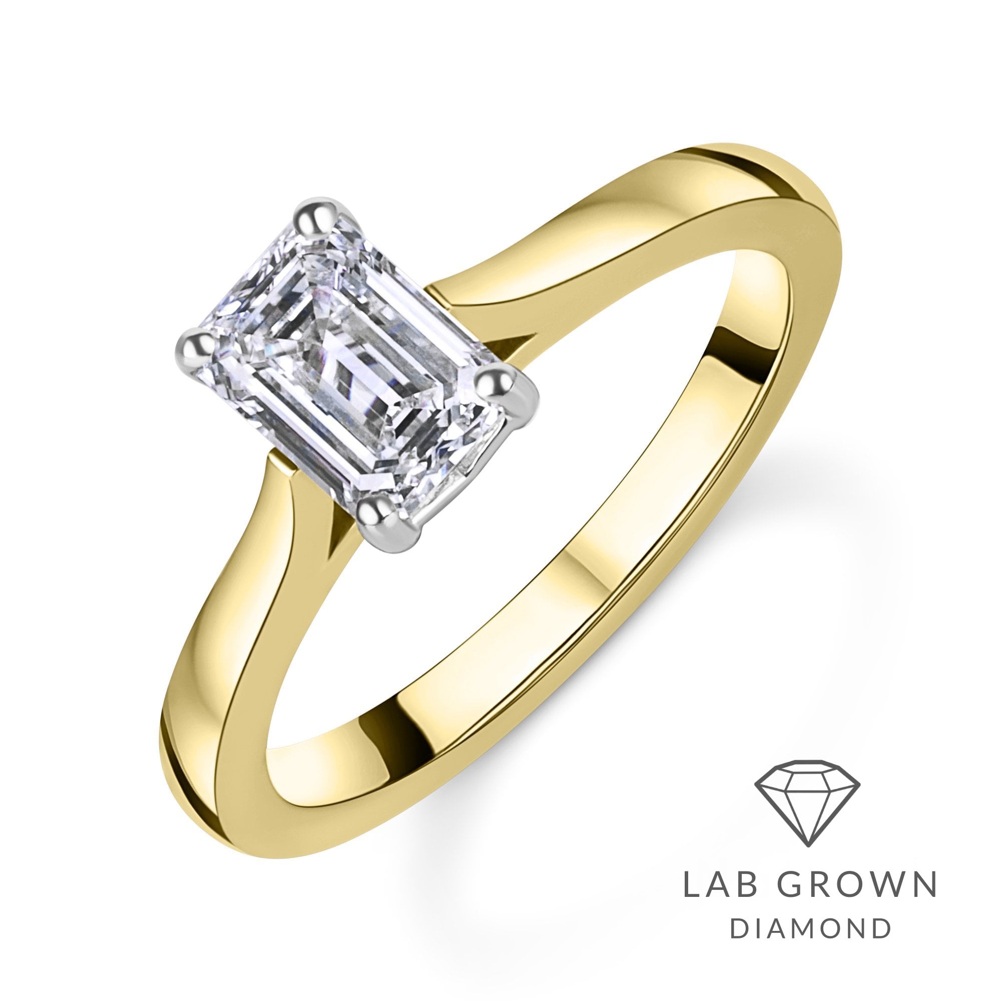 18ct Yellow Gold Emerald Cut Lab Grown Diamond Solitaire Engagement Ring
