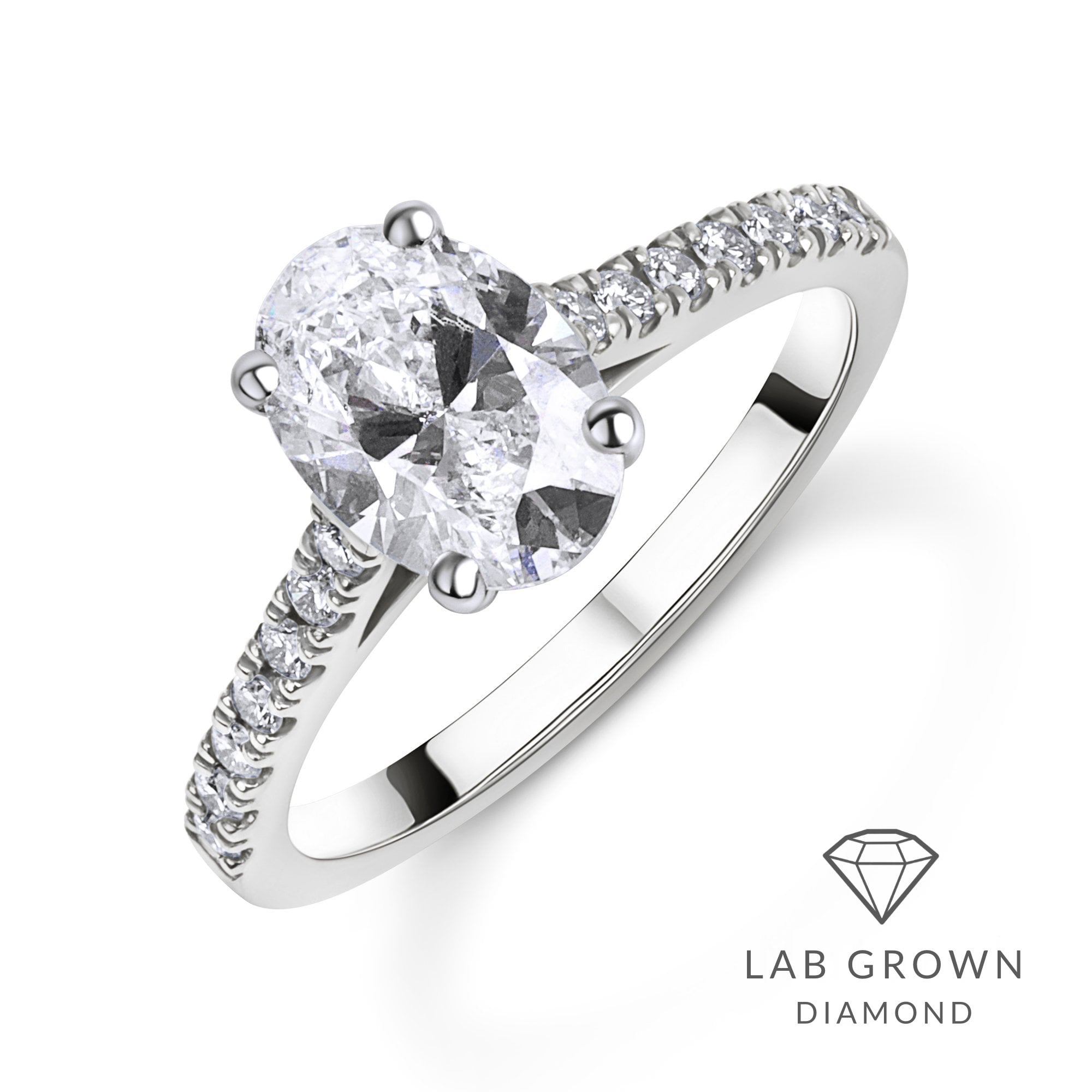Platinum Oval Lab Grown Diamond Solitaire Engagement Ring With Diamond Set Shoulders