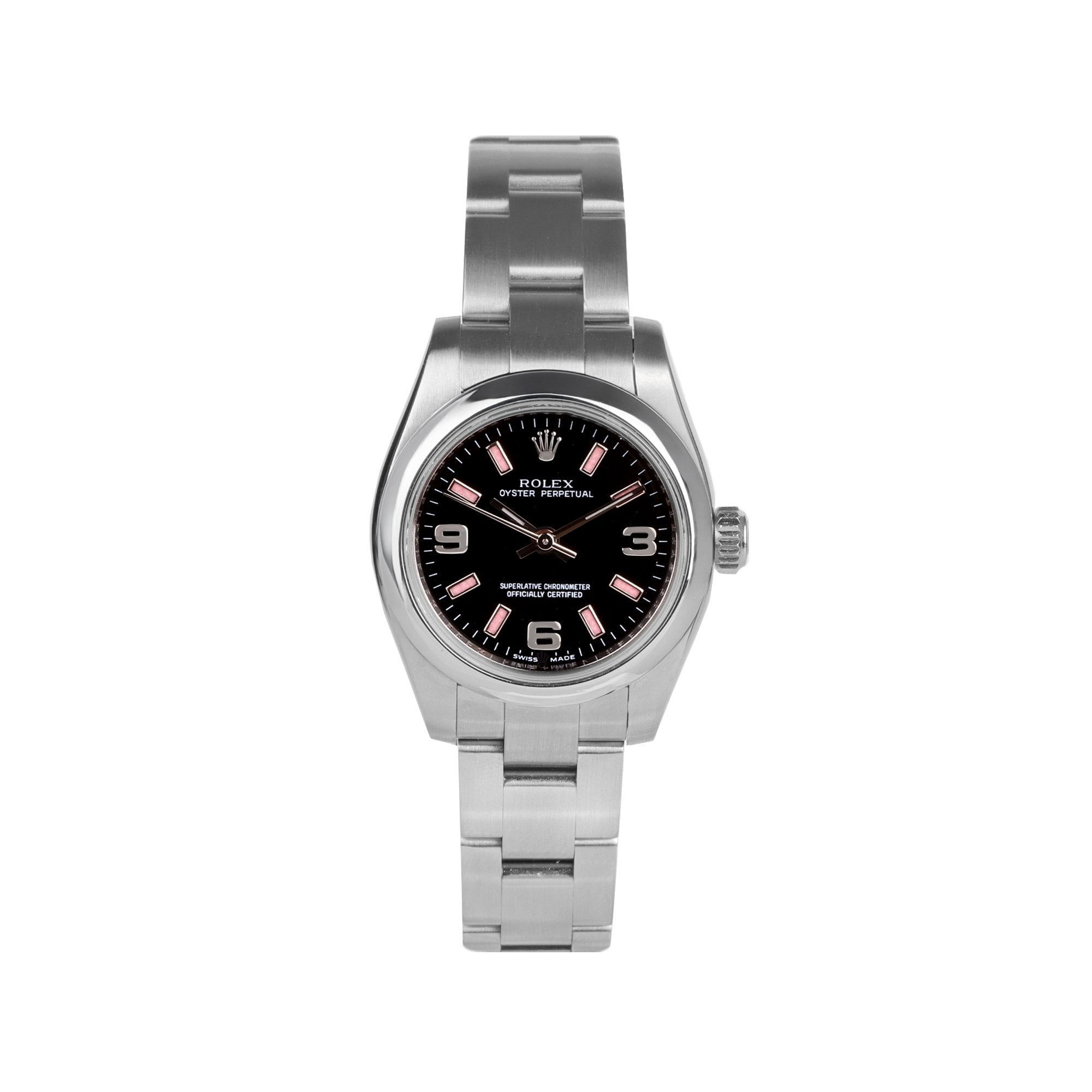 Rolex Stainless Steel Oyster Perpetual Black Dial Pink Baton Pre-Owned Watch