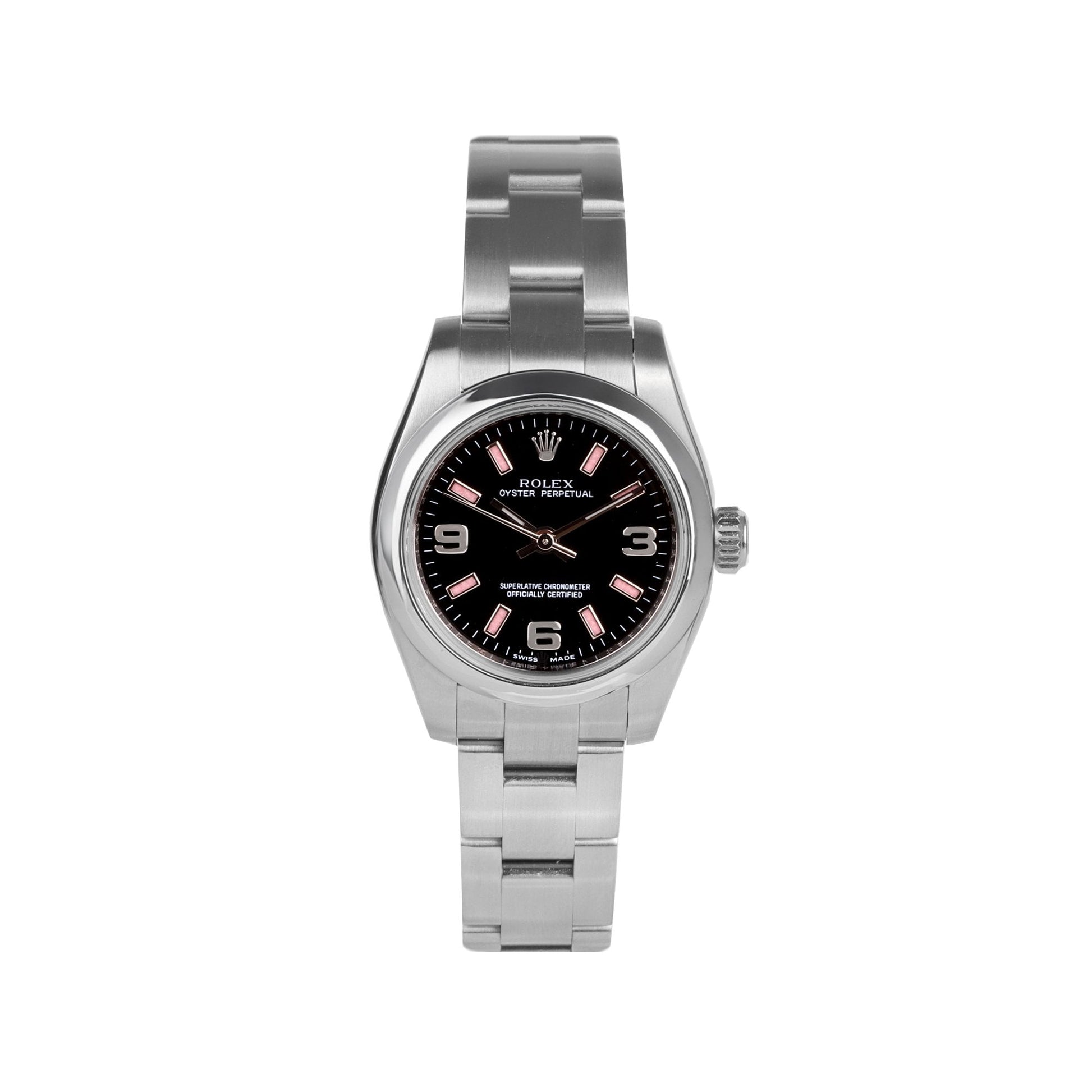 Rolex Stainless Steel Oyster Perpetual Black Dial Pink Baton Pre-Owned Watch
