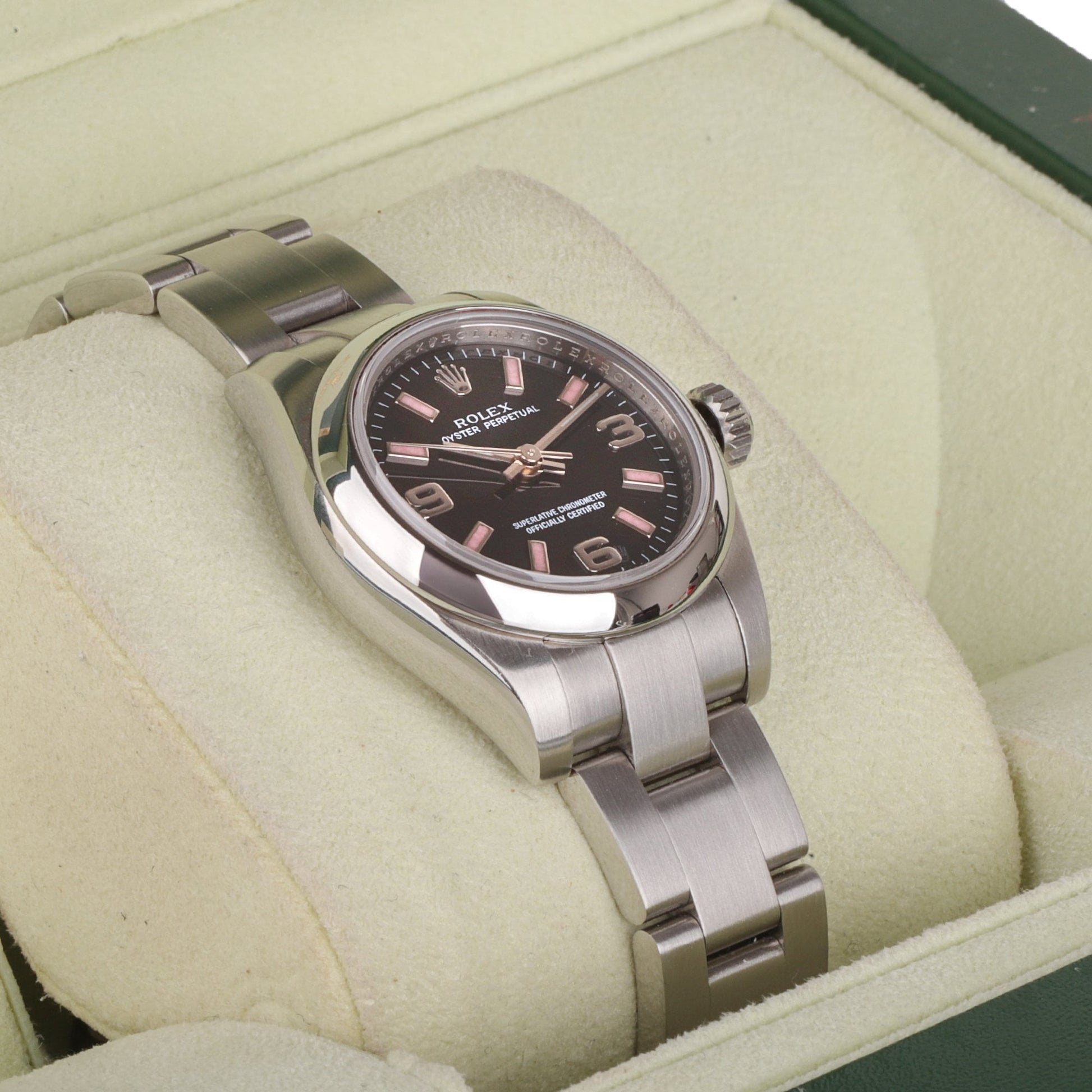 Rolex Stainless Steel Oyster Perpetual Black Dial Pink Baton Pre-Owned Watch