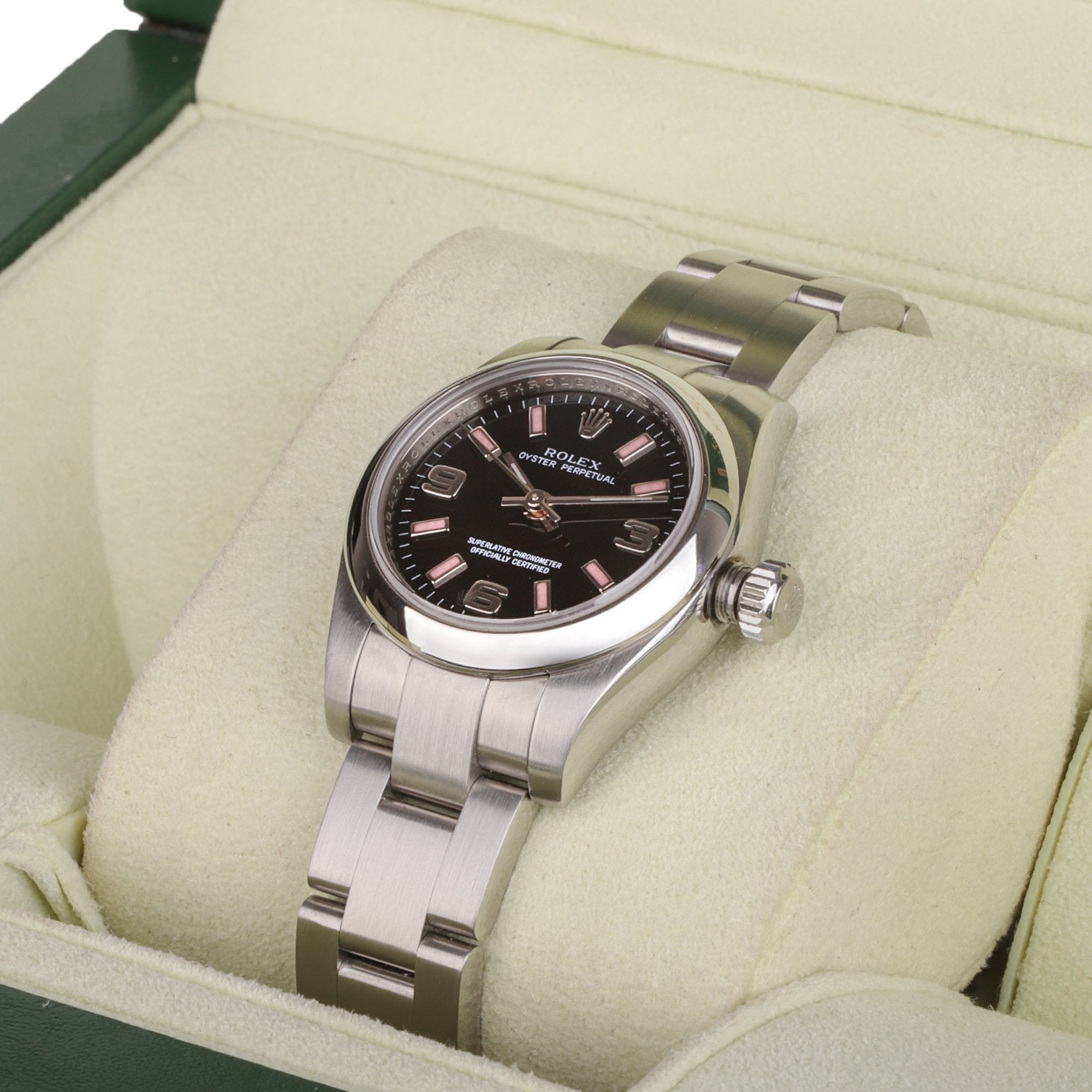 Rolex Stainless Steel Oyster Perpetual Black Dial Pink Baton Pre-Owned Watch
