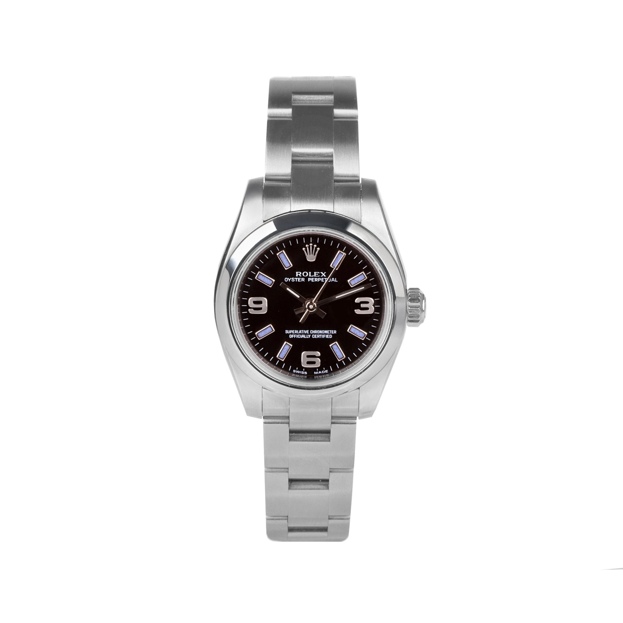 Rolex Stainless Steel Oyster Perpetual Pre-Owned Watch With Black Dial & Purple Batons