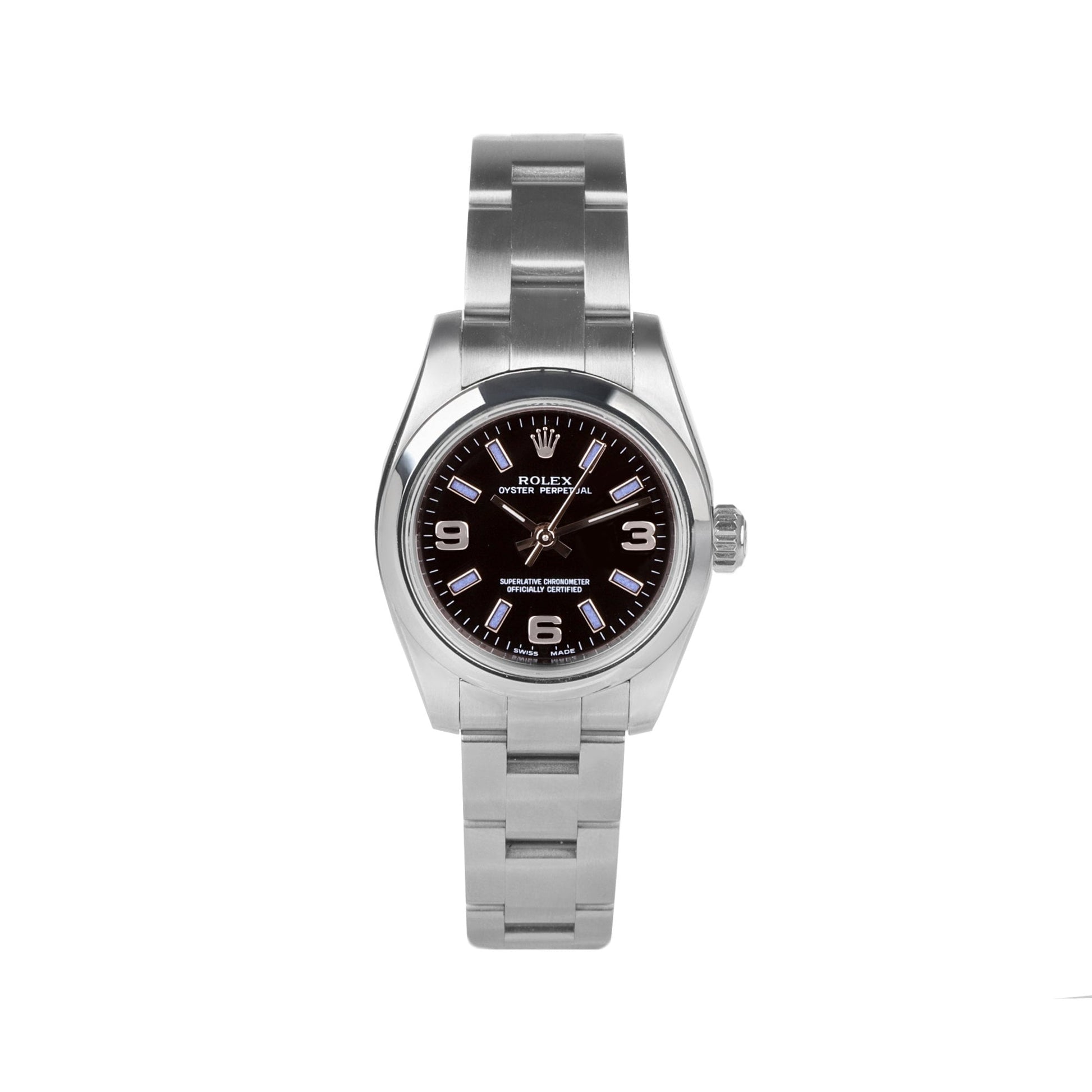 Rolex Stainless Steel Oyster Perpetual Pre-Owned Watch With Black Dial & Purple Batons