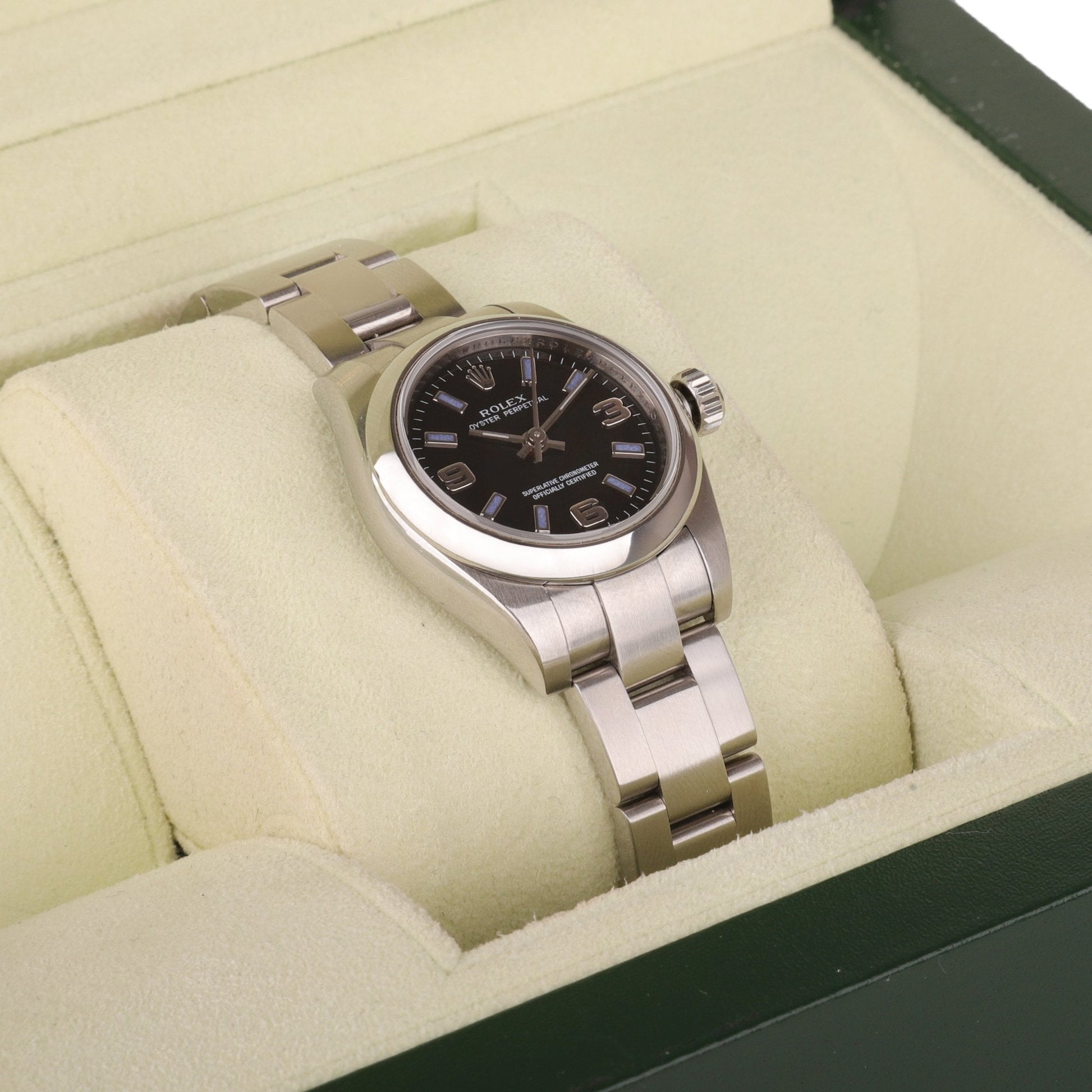 Rolex Stainless Steel Oyster Perpetual Pre-Owned Watch With Black Dial & Purple Batons