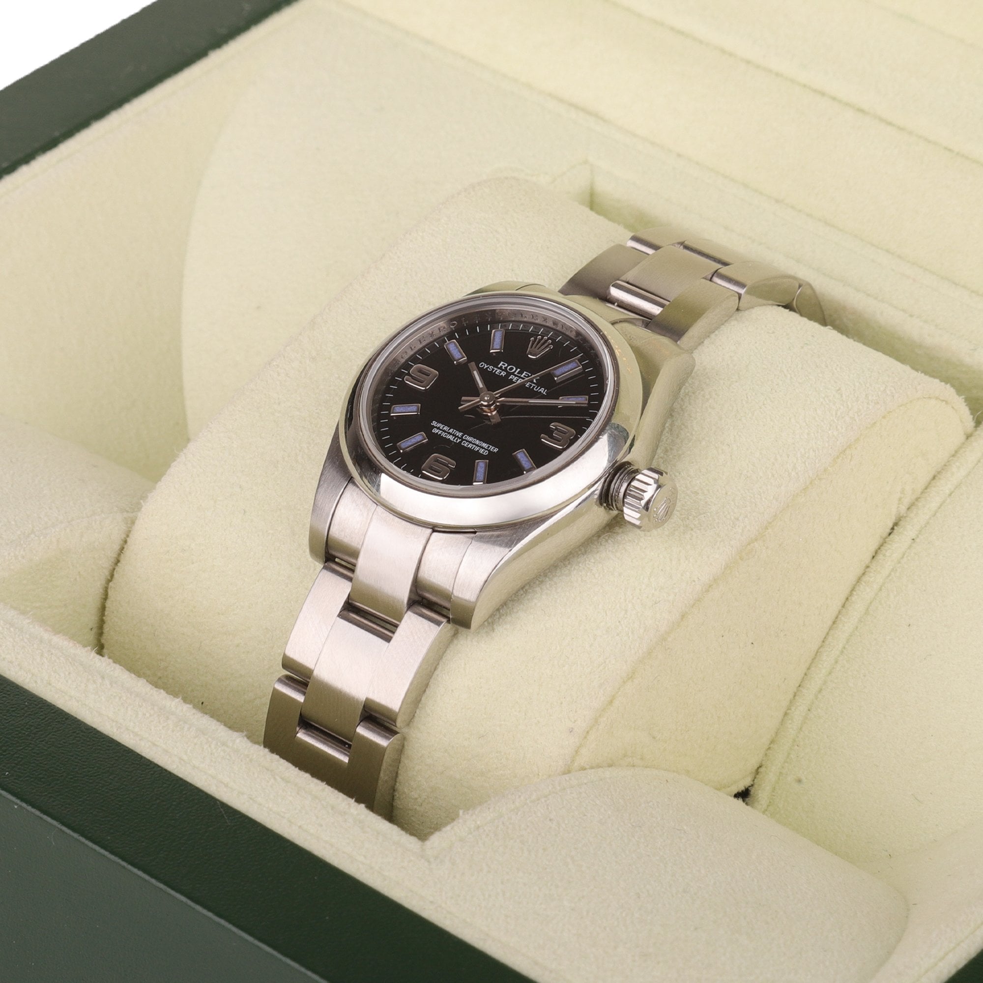 Rolex Stainless Steel Oyster Perpetual Pre-Owned Watch With Black Dial & Purple Batons