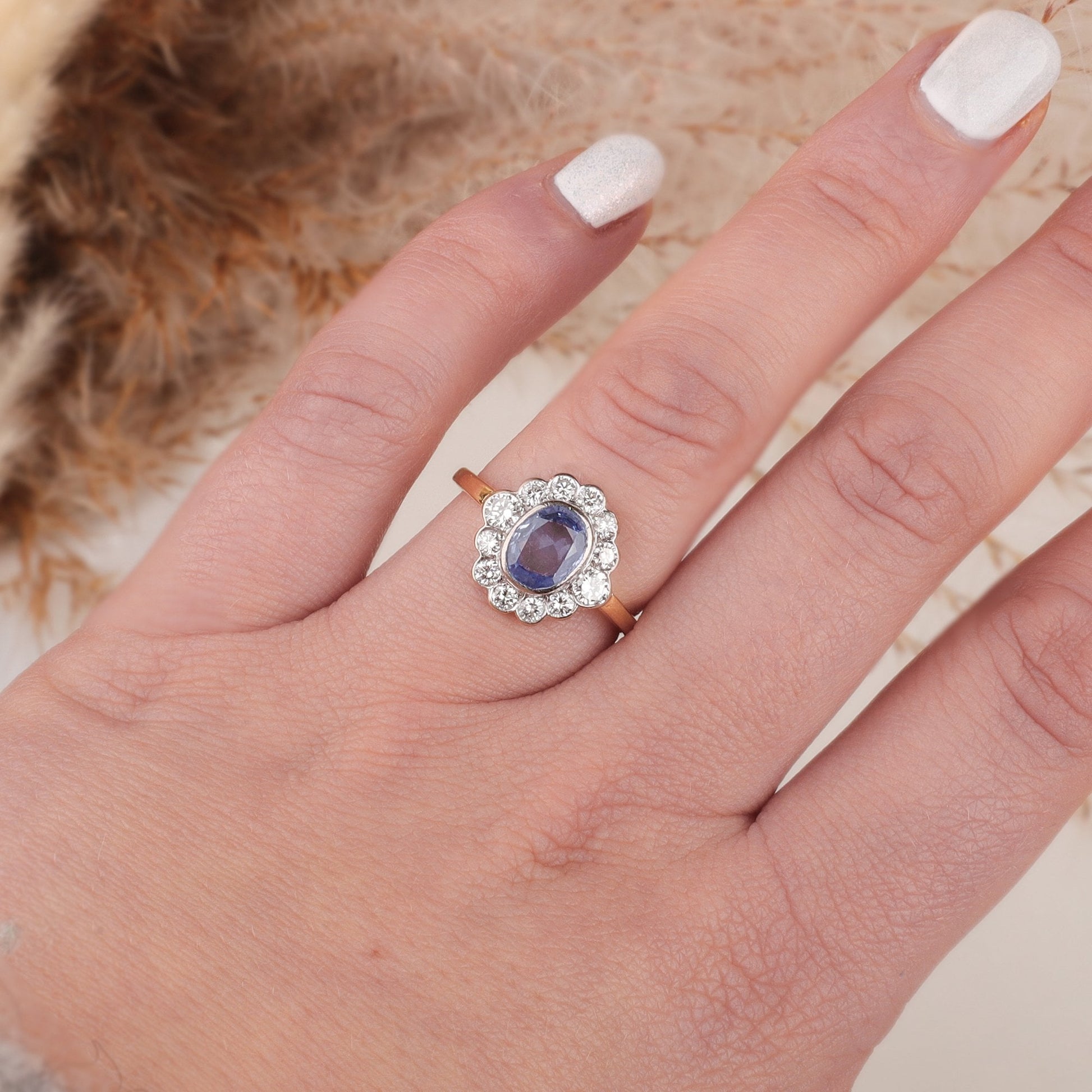 18ct Yellow Gold Pale Oval Sapphire and Diamond Halo Cluster Pre-Owned Ring