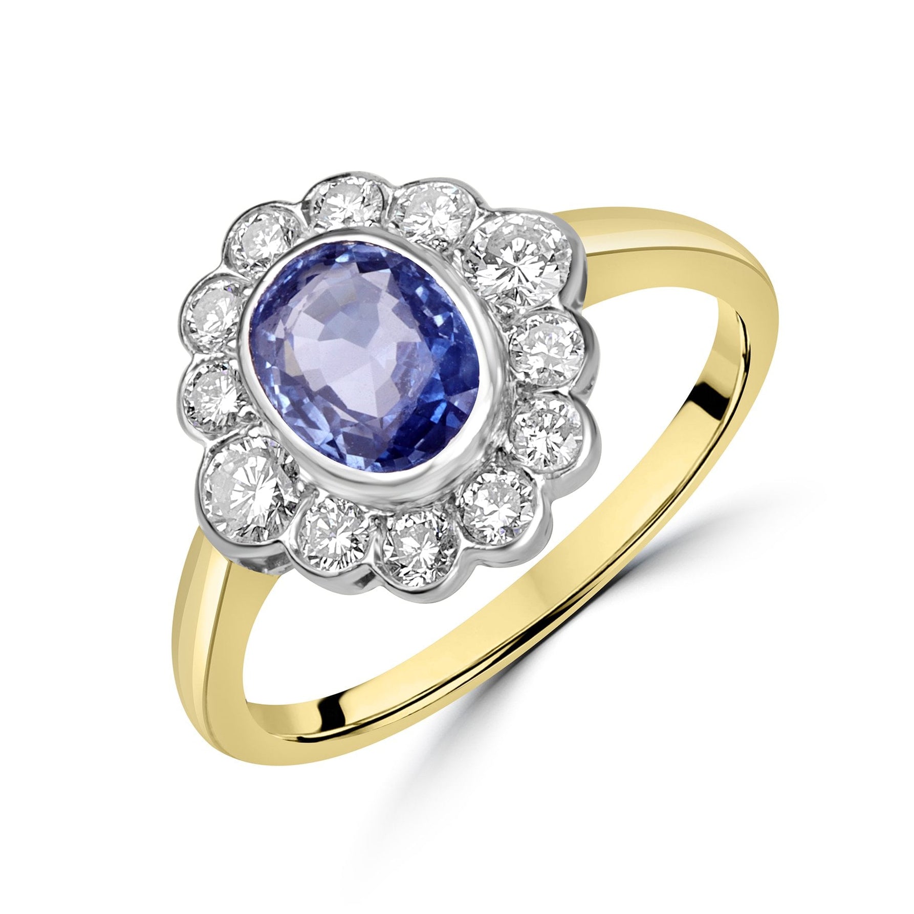 18ct Yellow Gold Pale Oval Sapphire and Diamond Halo Cluster Pre-Owned Ring