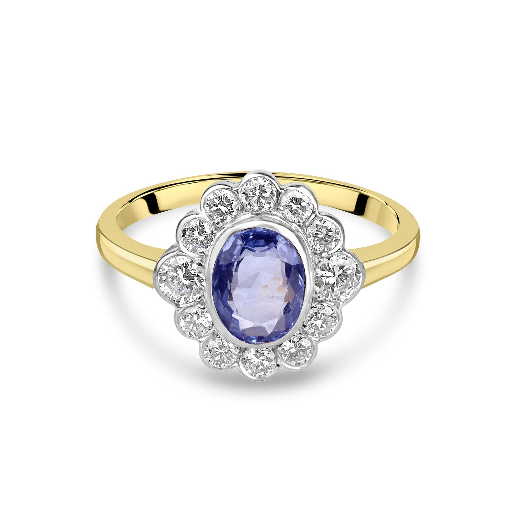 18ct Yellow Gold Pale Oval Sapphire and Diamond Halo Cluster Pre-Owned Ring