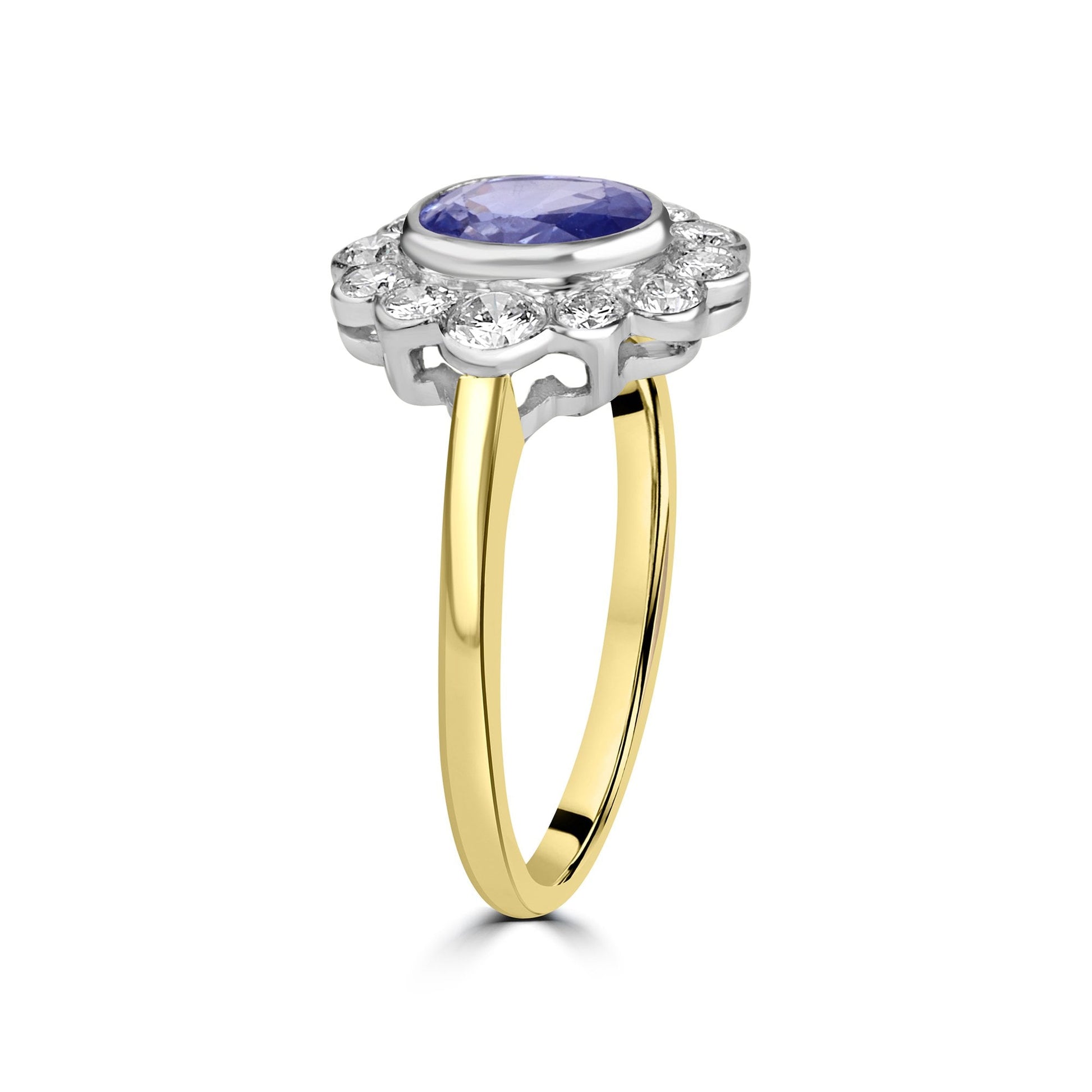 18ct Yellow Gold Pale Oval Sapphire and Diamond Halo Cluster Pre-Owned Ring