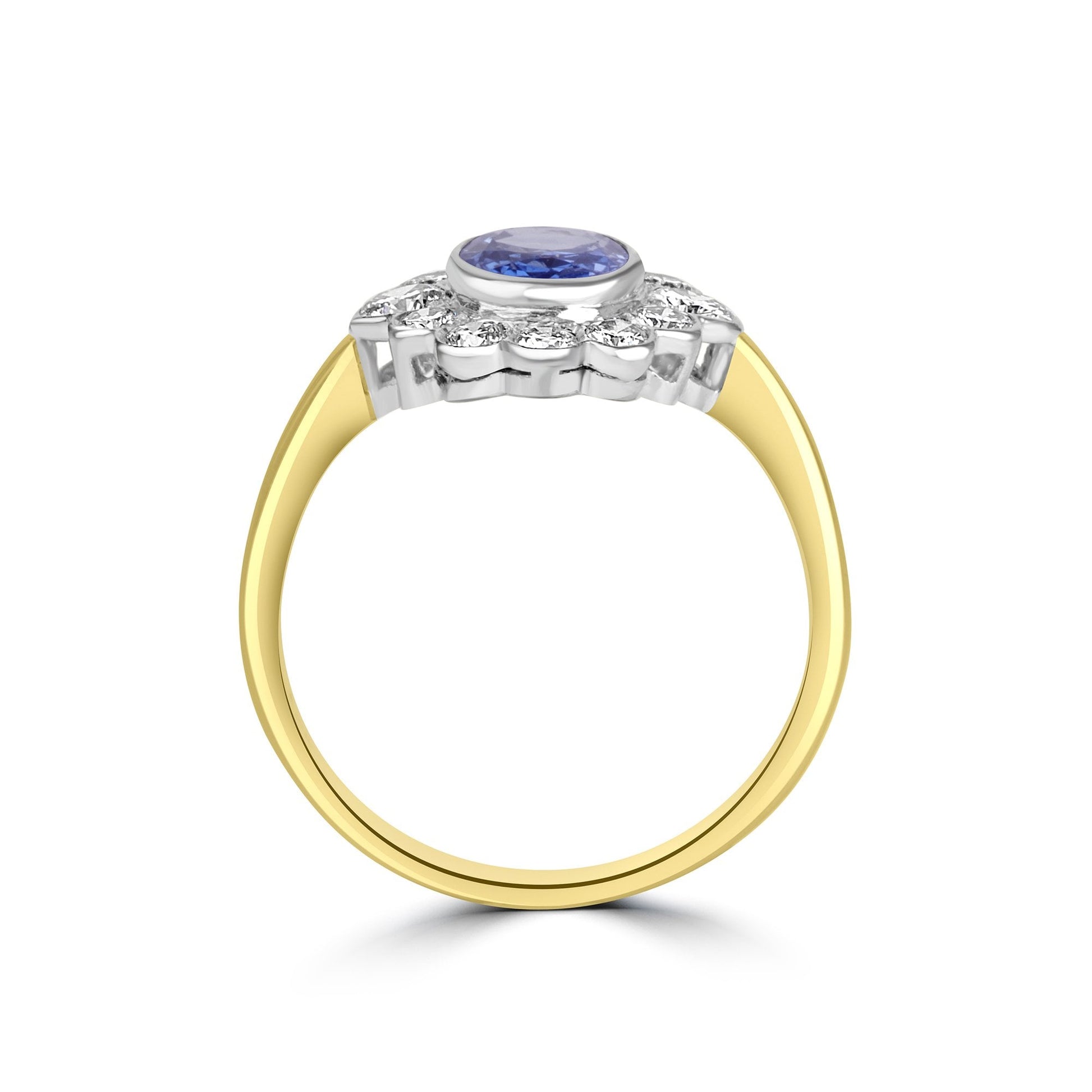 18ct Yellow Gold Pale Oval Sapphire and Diamond Halo Cluster Pre-Owned Ring