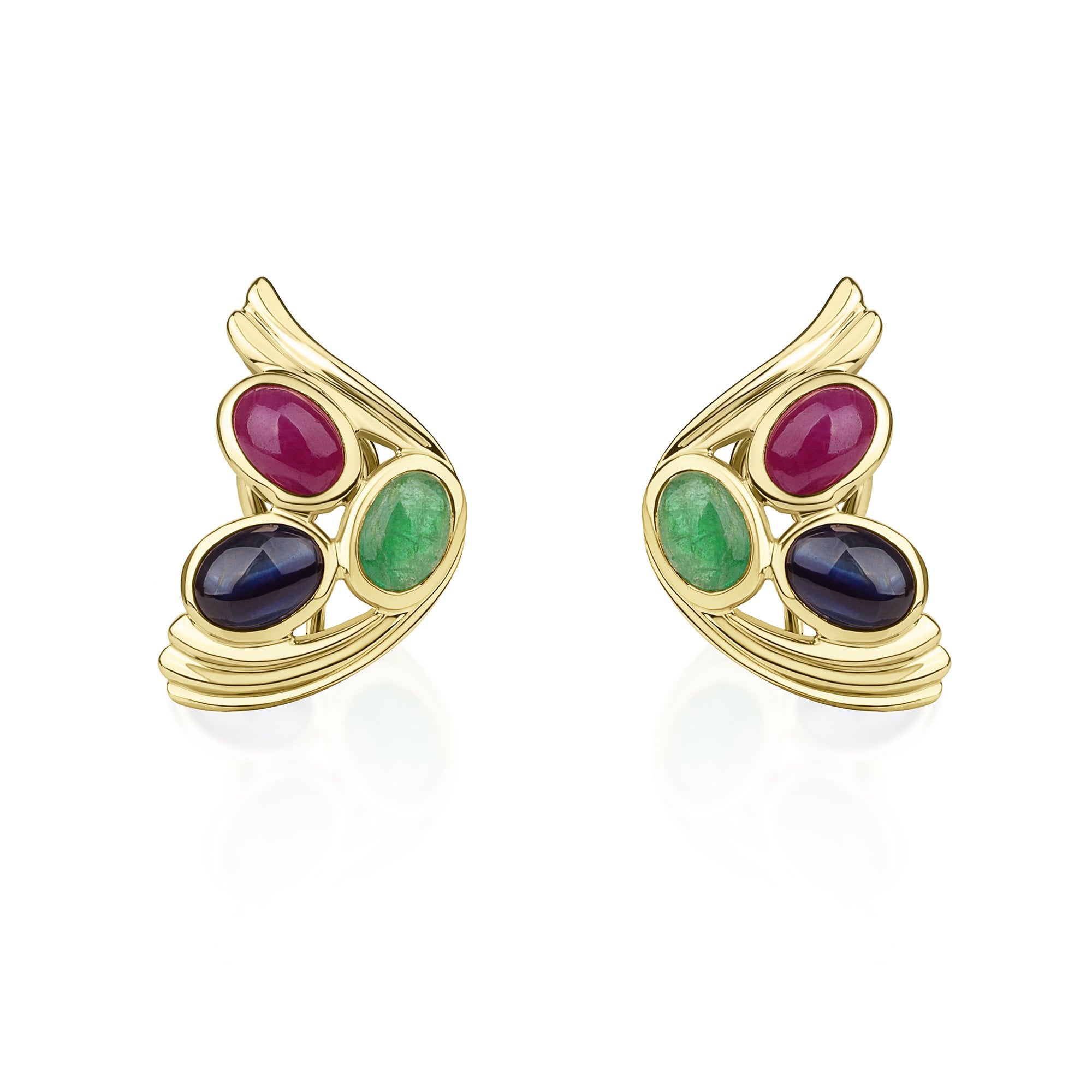 14ct Yellow Gold Oval Cut Ruby, Emerald and Sapphire Stud Earrings