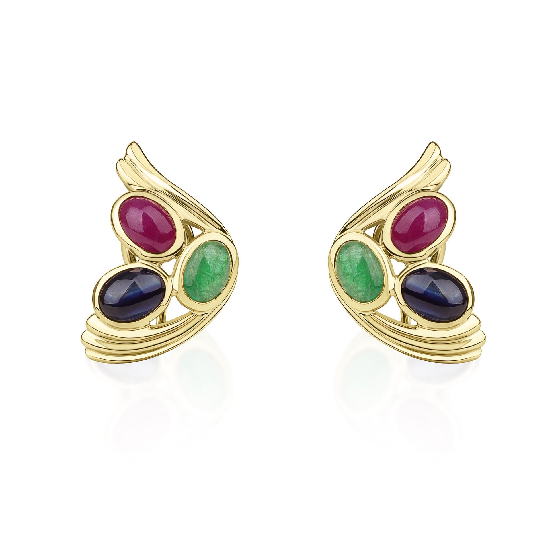 14ct Yellow Gold Oval Cut Ruby, Emerald and Sapphire Stud Earrings