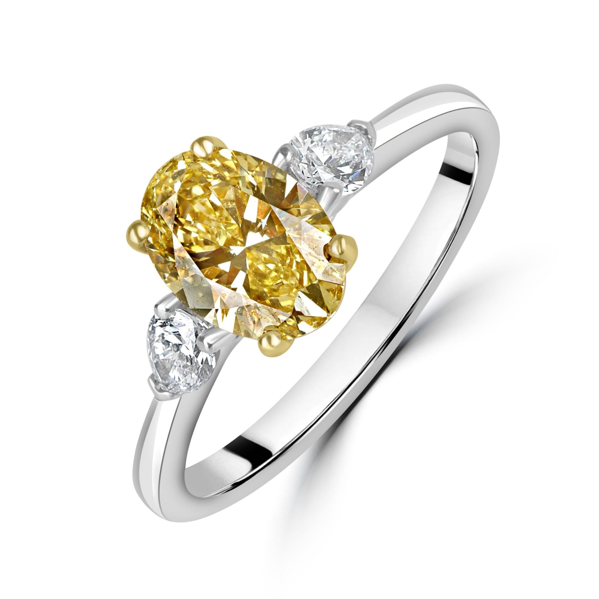 Platinum 1.22ct Yellow Oval Lab Grown Diamond and Pear Cut Diamond Trilogy Ring