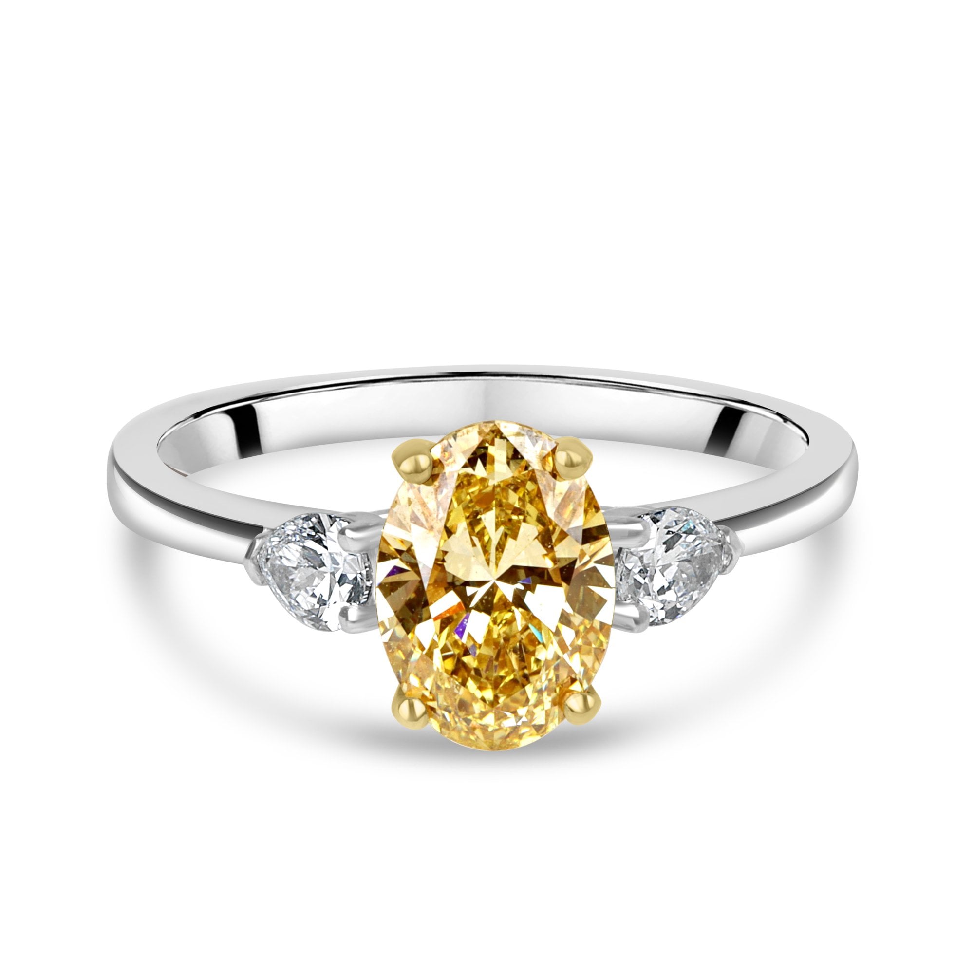 Platinum 1.22ct Yellow Oval Lab Grown Diamond and Pear Cut Diamond Trilogy Ring