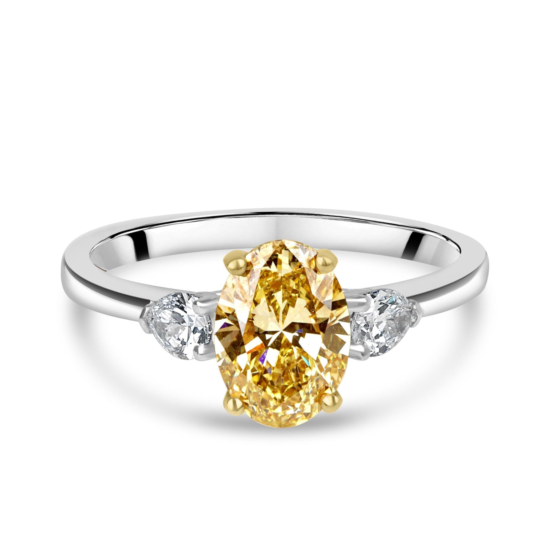 Platinum 1.22ct Yellow Oval Lab Grown Diamond and Pear Cut Diamond Trilogy Ring