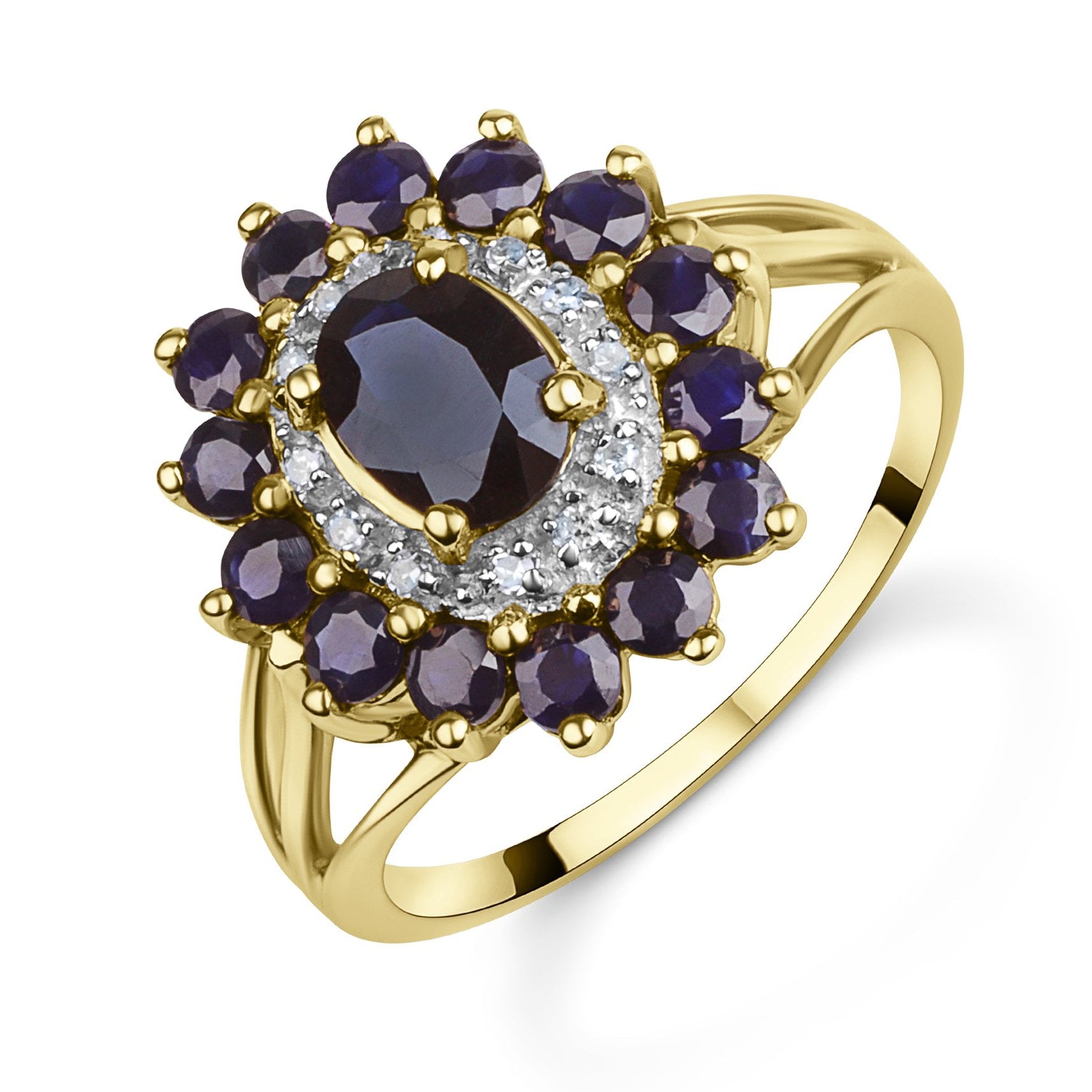 9ct Yellow Gold Oval Sapphire and Diamond Double Halo Ring