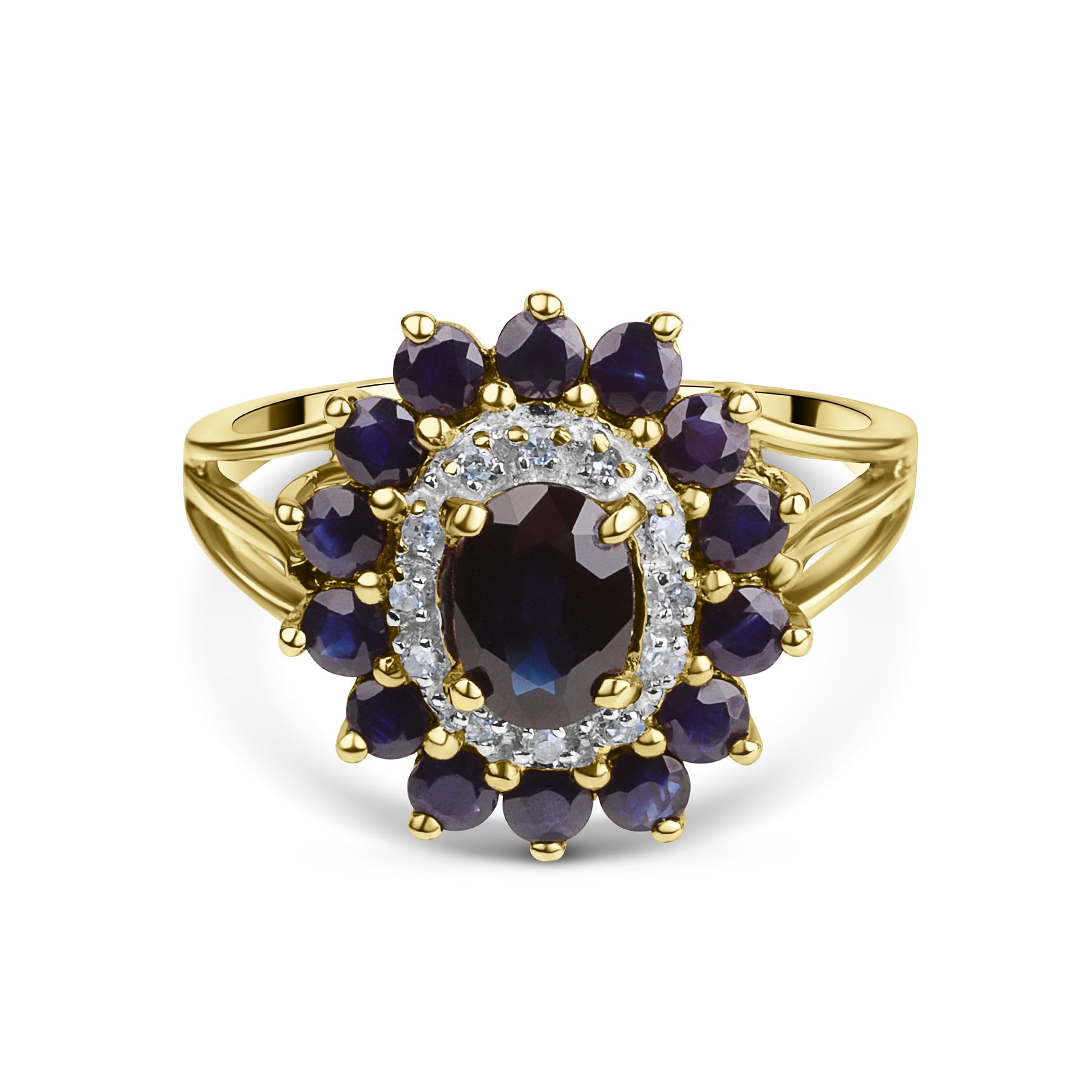 9ct Yellow Gold Oval Sapphire and Diamond Double Halo Ring