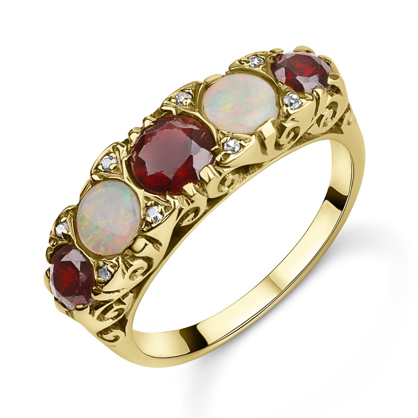 18ct Yellow Gold 5 Stone Ring with Garnets and Opals