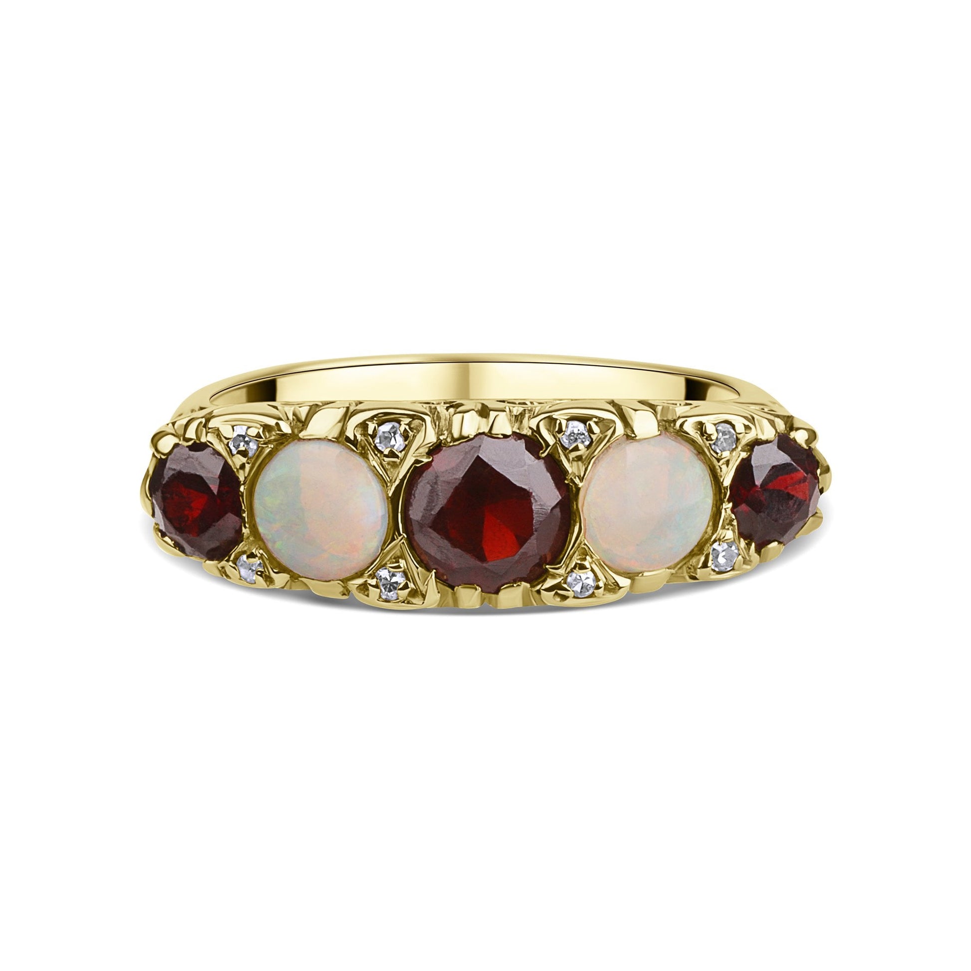 18ct Yellow Gold 5 Stone Ring with Garnets and Opals