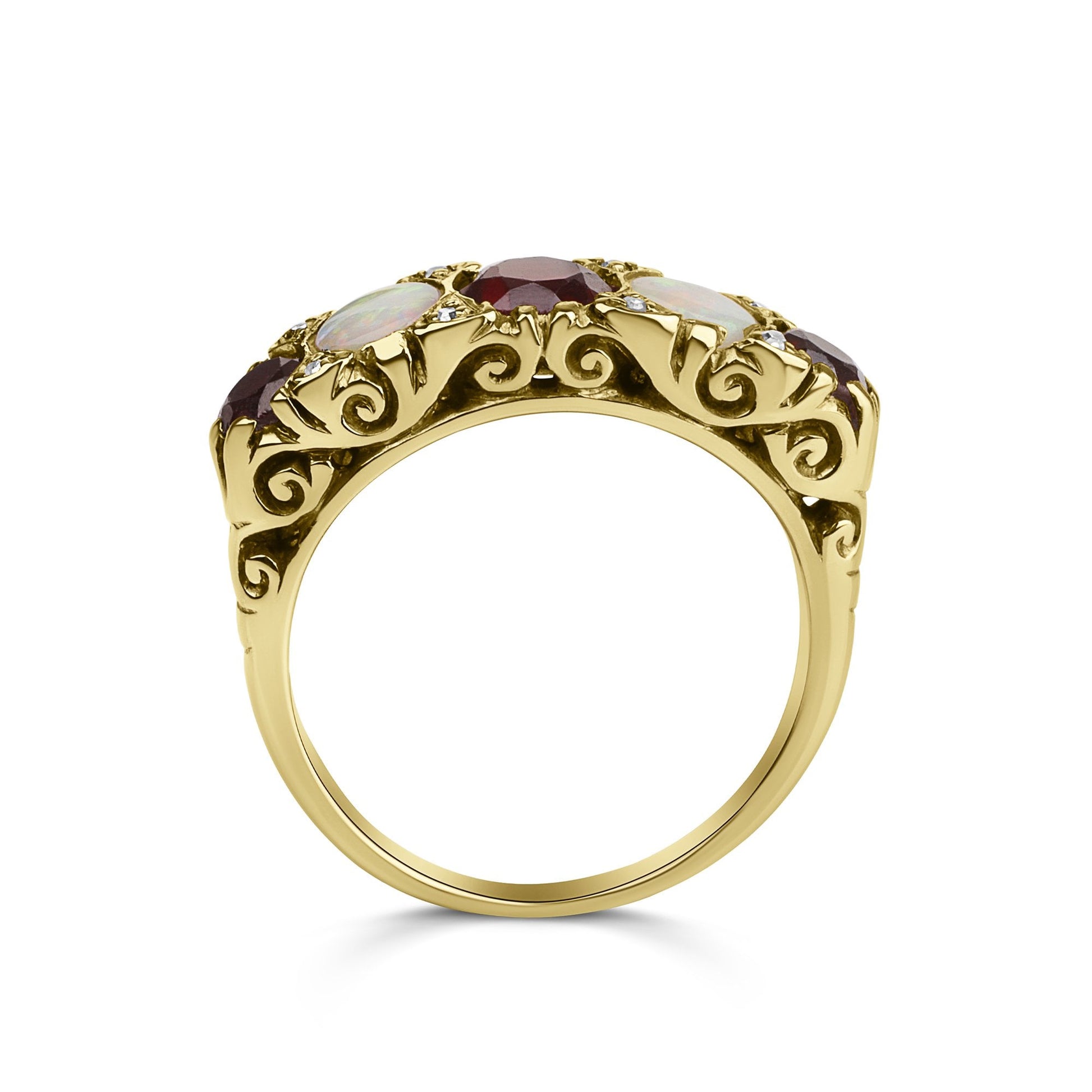 18ct Yellow Gold 5 Stone Ring with Garnets and Opals