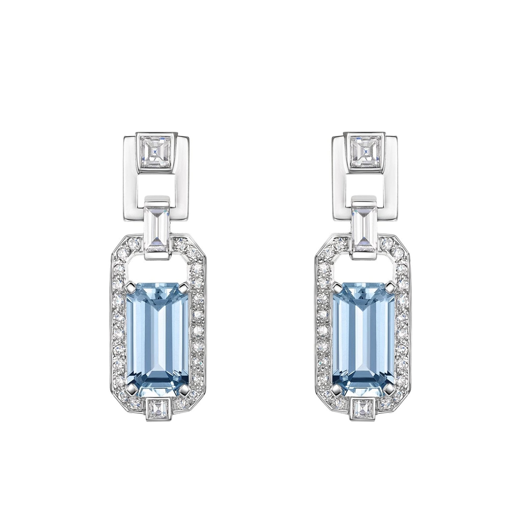 18ct White Gold Deco Inspired Aquamarine and Diamond Drop Earrings
