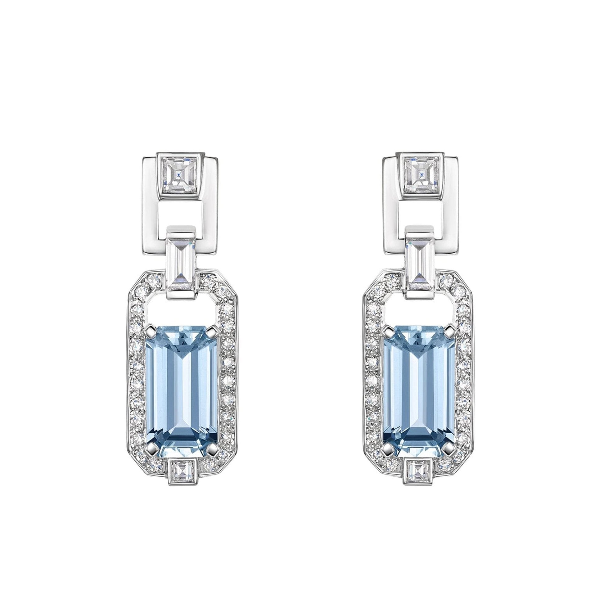 18ct White Gold Deco Inspired Aquamarine and Diamond Drop Earrings